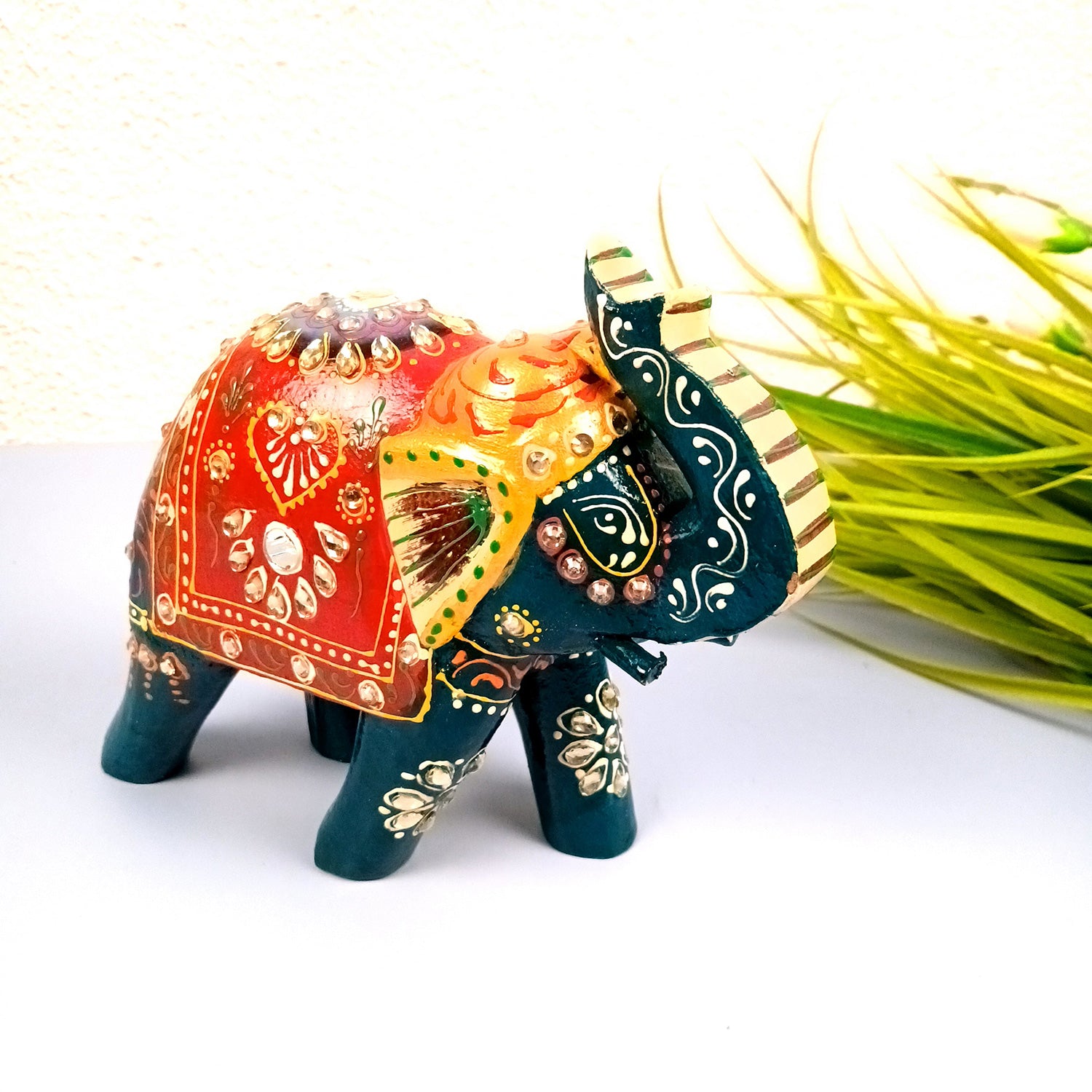 Elephant Statue Showpiece | Fengshui Trunk Up Vibrant Elephant Figurine With Kundan Work - For Vastu, Home Decor, Living Room, Office & Gift - 7 inch (Wood, Green) - Apkamart #Color_Green