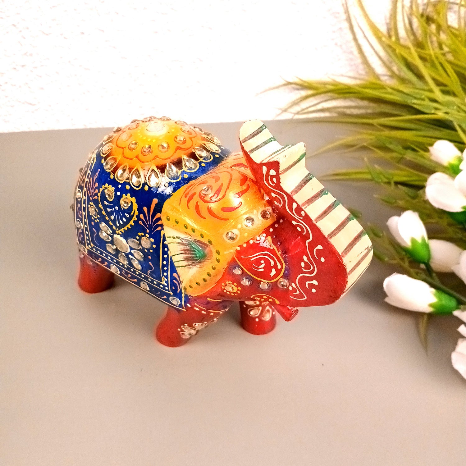 Elephant Statue Showpiece | Fengshui Trunk Up Vibrant Elephant Figurine With Kundan Work - For Vastu, Home Decor, Living Room, Office & Gift - 7 inch (Wood, Green) - Apkamart #Color_Red