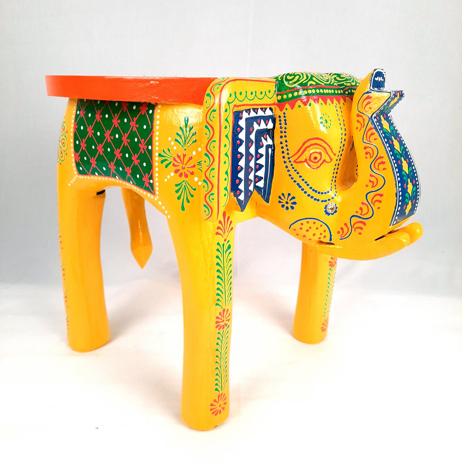 Side Table Cum Stool - Elephant Design | Wooden Stools for Keeping Lamp, Vases & Plants - for Home Decor, Corners, Sofa Side Stool, Office & Gifts - 12 Inch - Apkamart #Color_Yellow