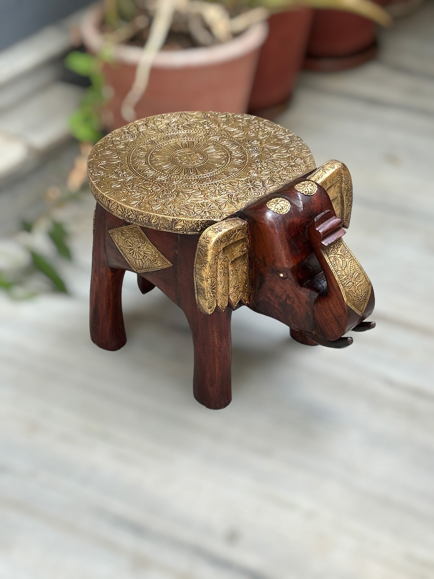 Elephant Design Brass Corner Table | Bed Side Table for Small Spaces - 12 Inch- Apkamart #Style_Style 2