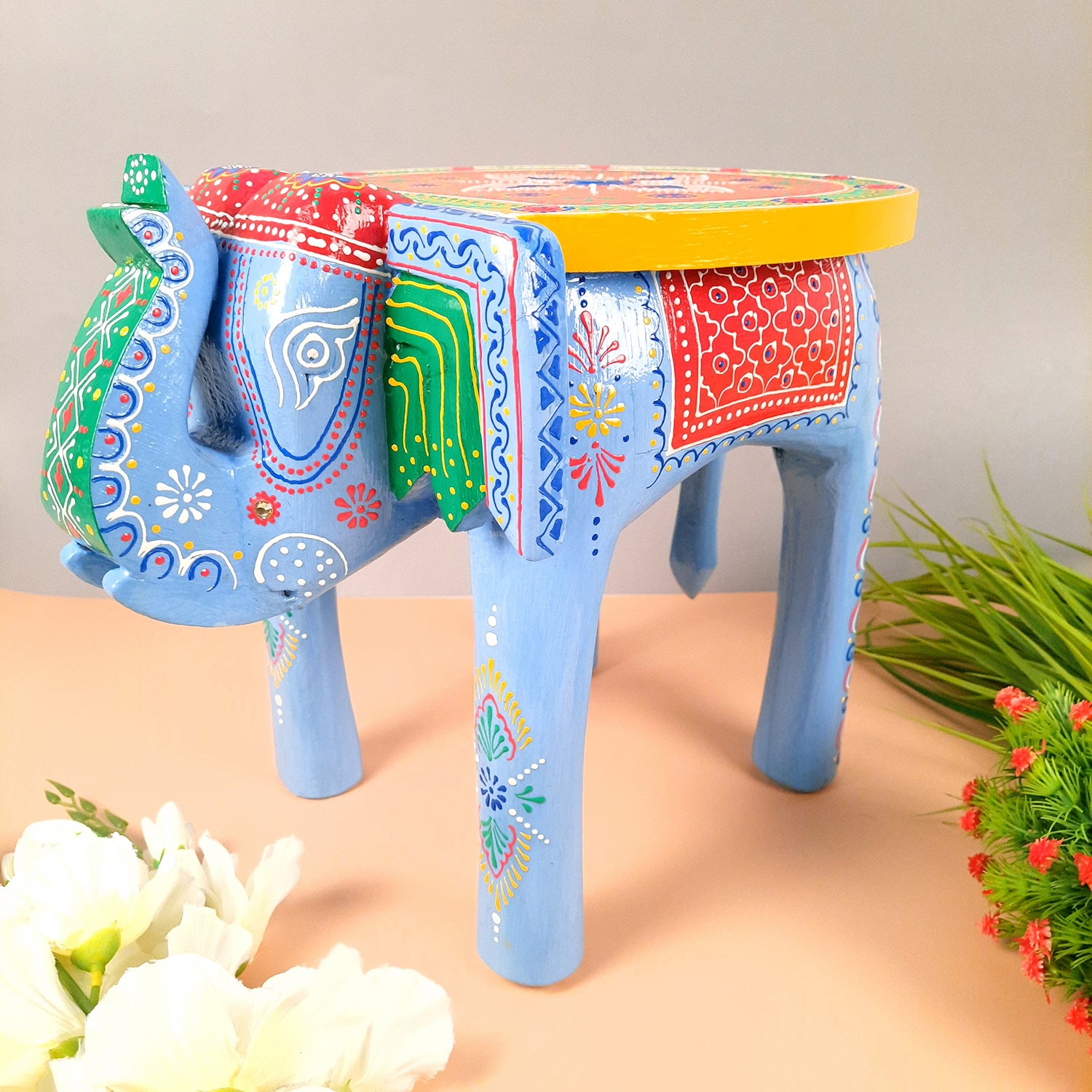 Side Table Cum Stool - Elephant Design | Wooden Stools for Keeping Lamp, Vases & Plants - for Home Decor, Corners, Sofa Side Stool, Office & Gifts - 12 Inch - Apkamart #Color_Blue