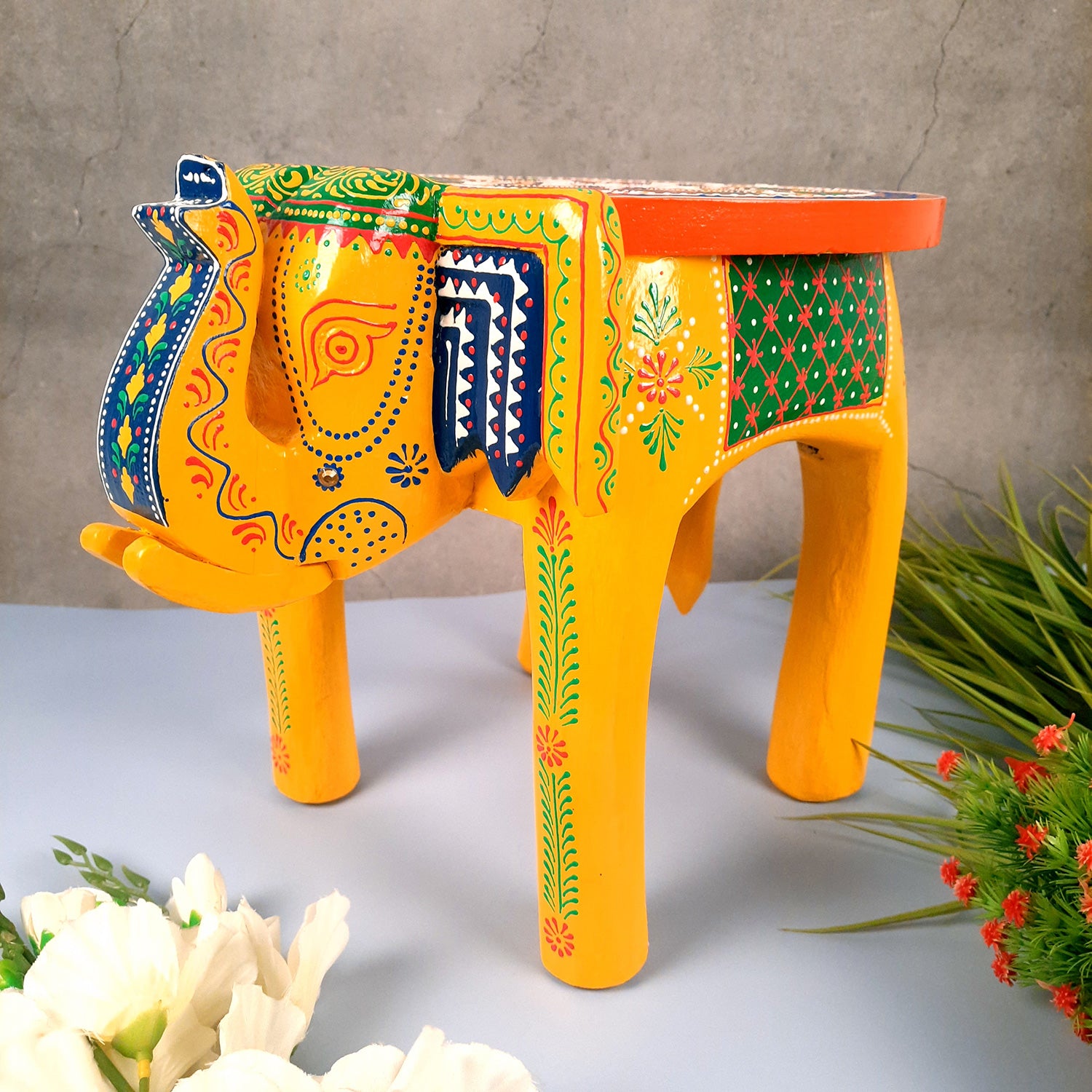 Side Table Cum Stool - Elephant Design | Wooden Stools for Keeping Lamp, Vases & Plants - for Home Decor, Corners, Sofa Side Stool, Office & Gifts - 12 Inch - Apkamart #Color_Yellow