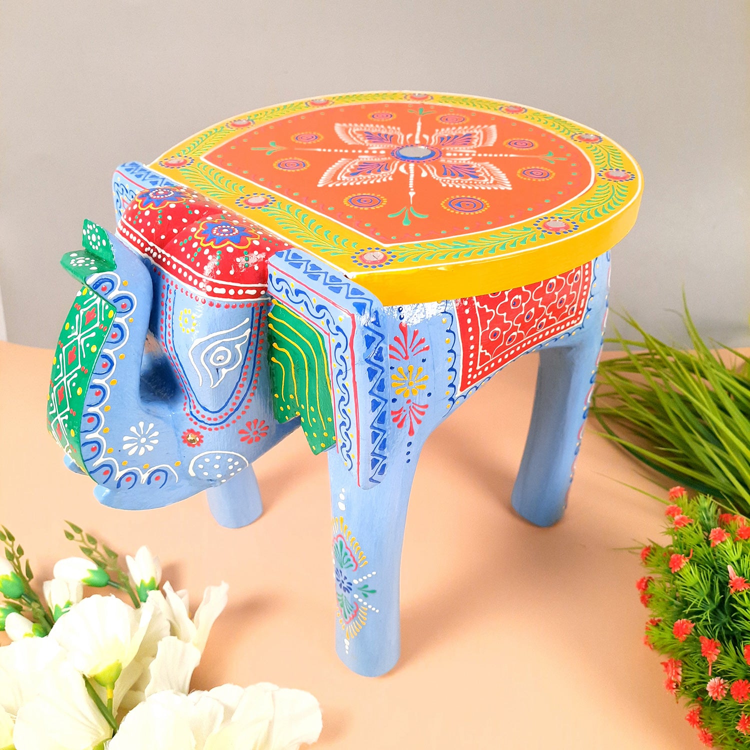 Side Table Cum Stool - Elephant Design | Wooden Stools for Keeping Lamp, Vases & Plants - for Home Decor, Corners, Sofa Side Stool, Office & Gifts - 12 Inch - Apkamart #Color_Blue