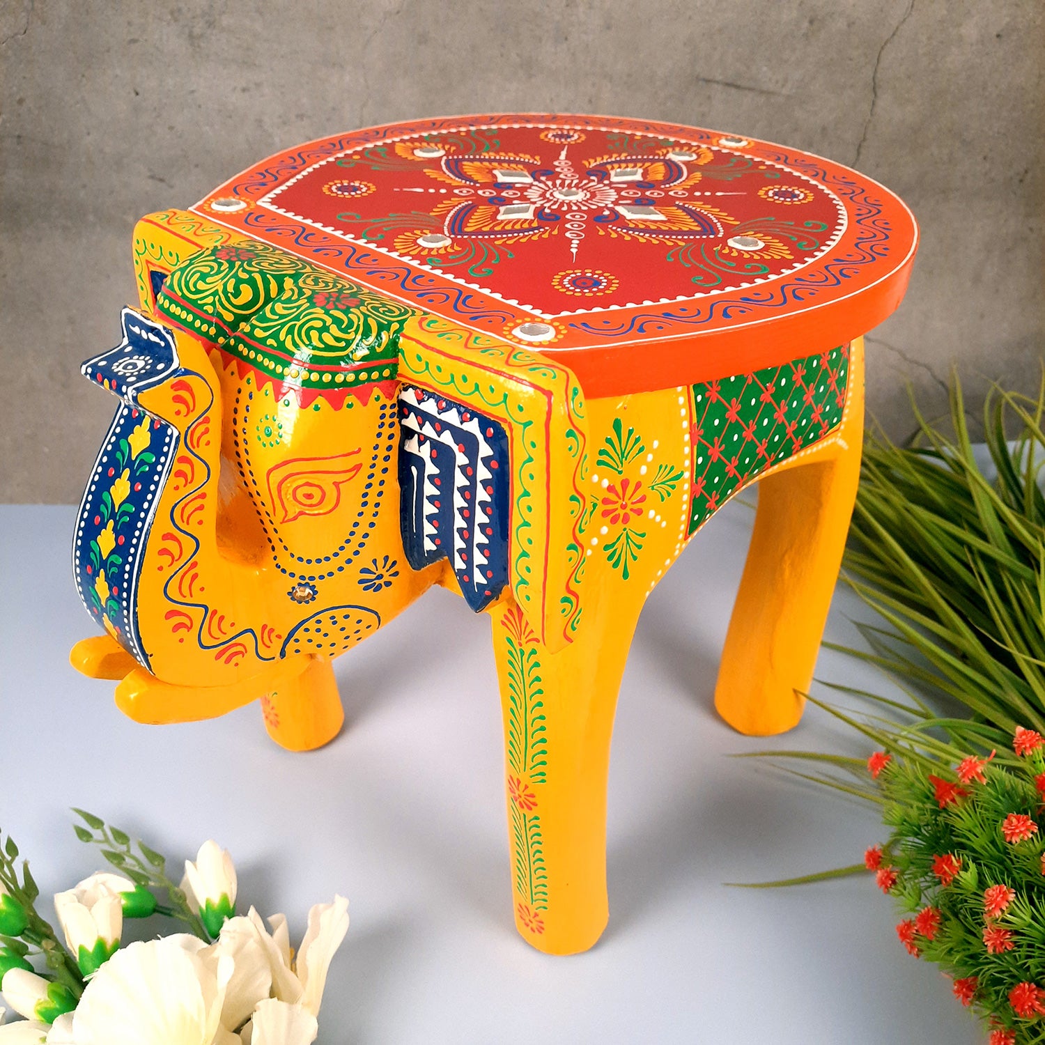 Side Table Cum Stool - Elephant Design | Wooden Stools for Keeping Lamp, Vases & Plants - for Home Decor, Corners, Sofa Side Stool, Office & Gifts - 12 Inch - Apkamart #Color_Yellow