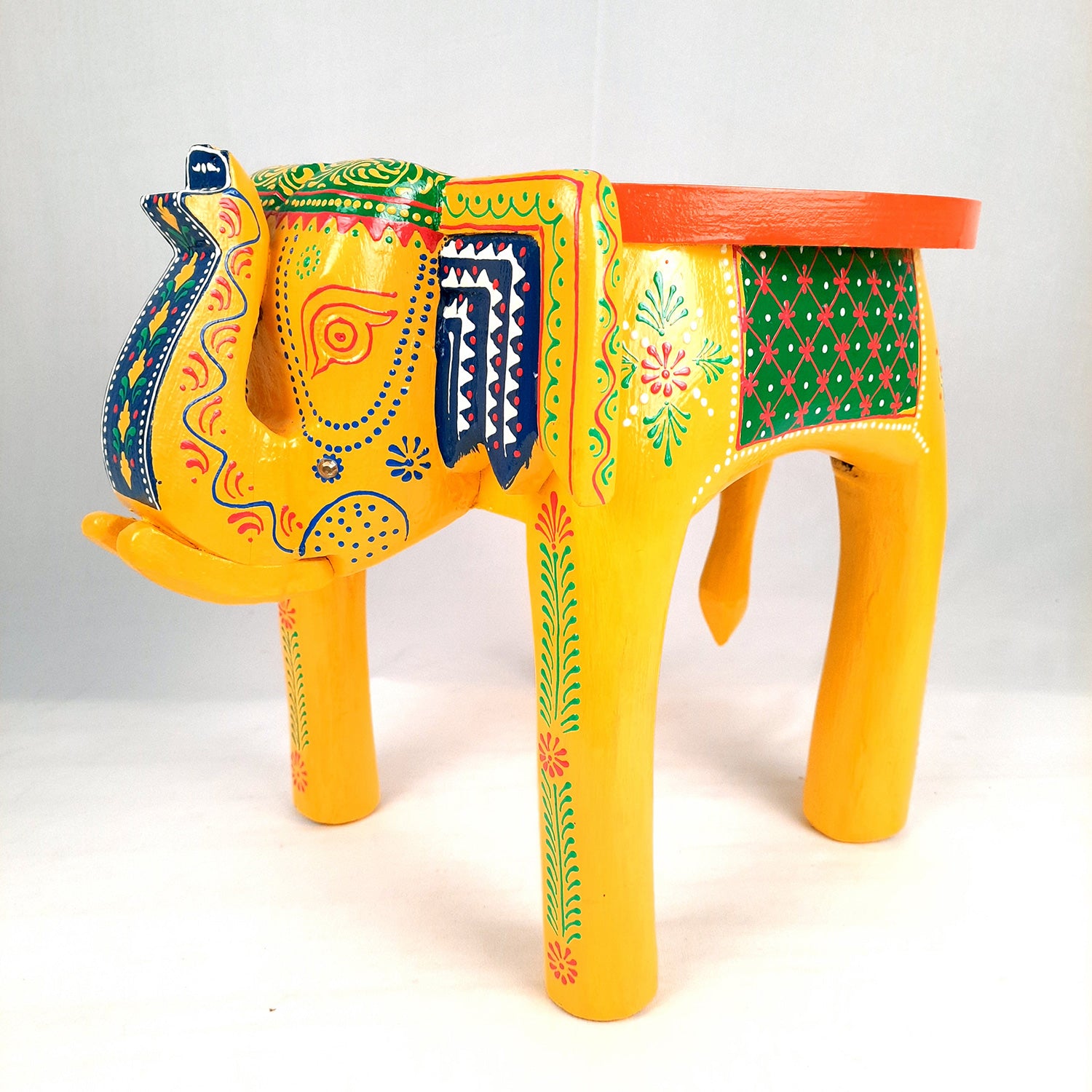Side Table Cum Stool - Elephant Design | Wooden Stools for Keeping Lamp, Vases & Plants - for Home Decor, Corners, Sofa Side Stool, Office & Gifts - 12 Inch - Apkamart #Color_Yellow
