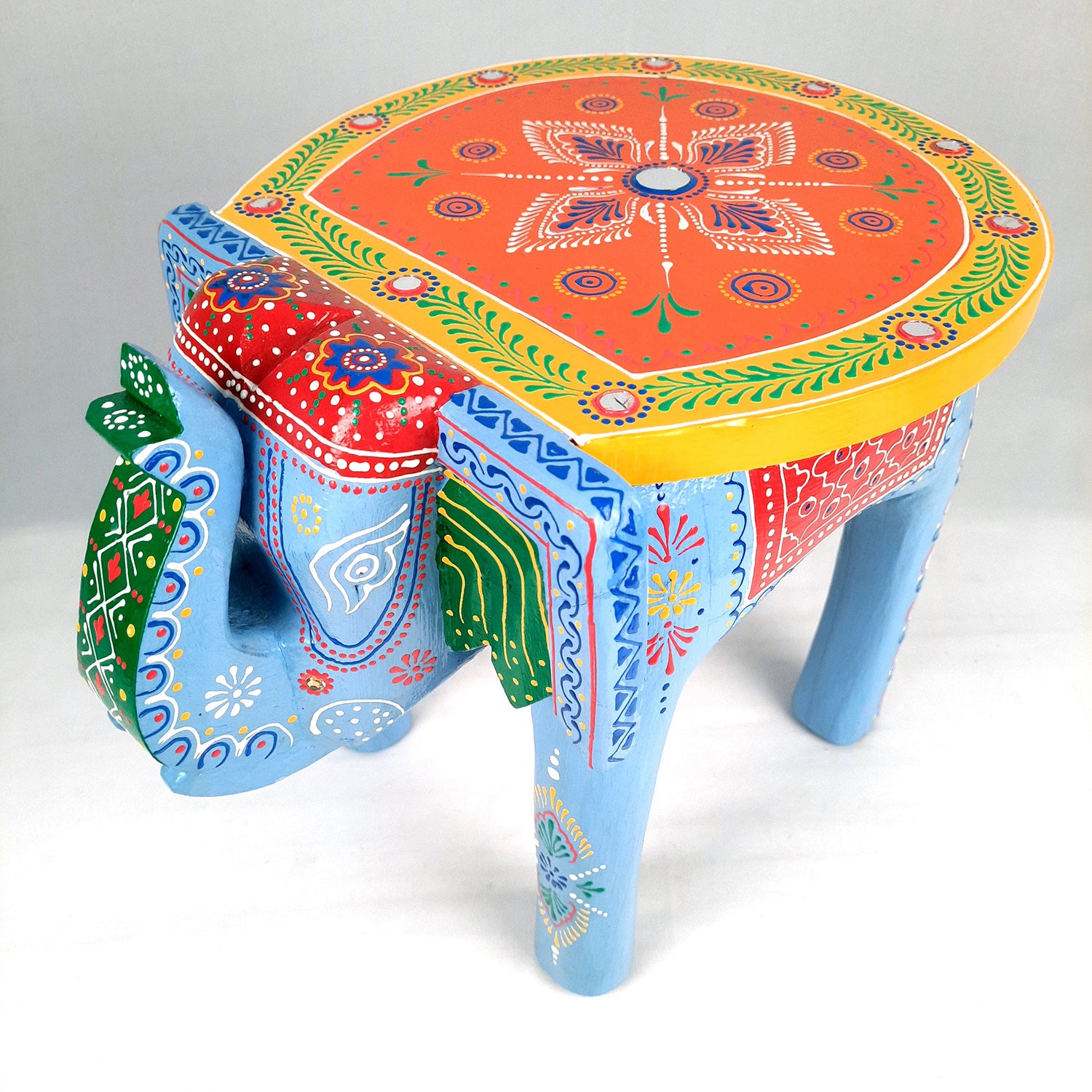 Side Table Cum Stool - Elephant Design | Wooden Stools for Keeping Lamp, Vases & Plants - for Home Decor, Corners, Sofa Side Stool, Office & Gifts - 12 Inch - Apkamart #Color_Blue