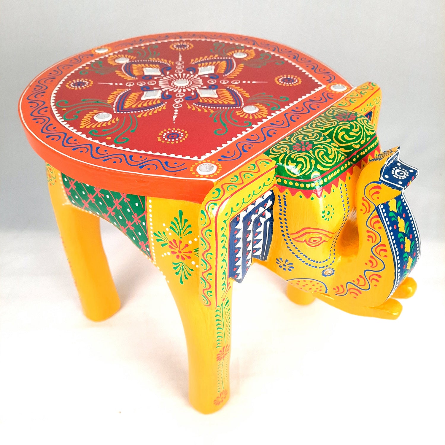 Side Table Cum Stool - Elephant Design | Wooden Stools for Keeping Lamp, Vases & Plants - for Home Decor, Corners, Sofa Side Stool, Office & Gifts - 12 Inch - Apkamart #Color_Yellow