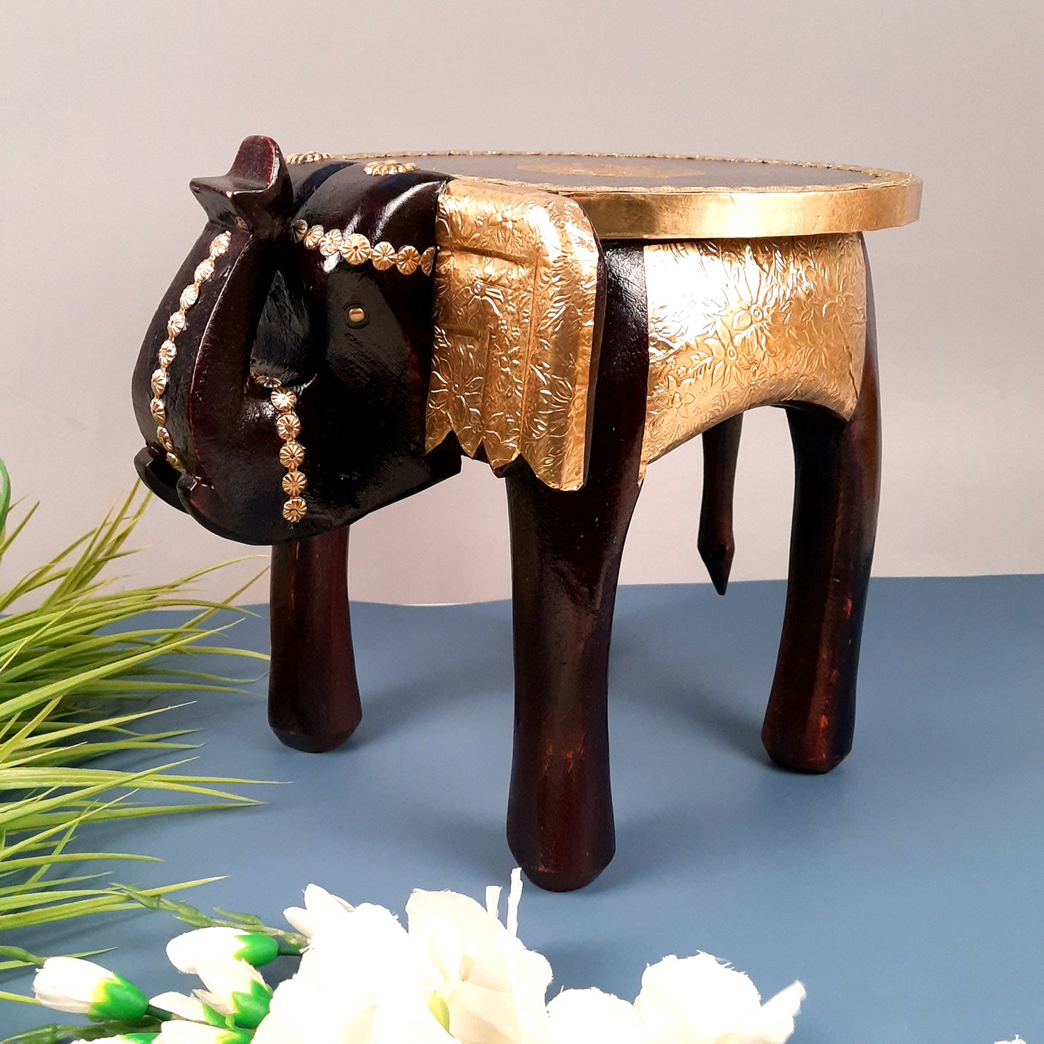 Elephant Design Brass Corner Table | Bed Side Table for Small Spaces - 12 Inch- Apkamart #Style_Style 3