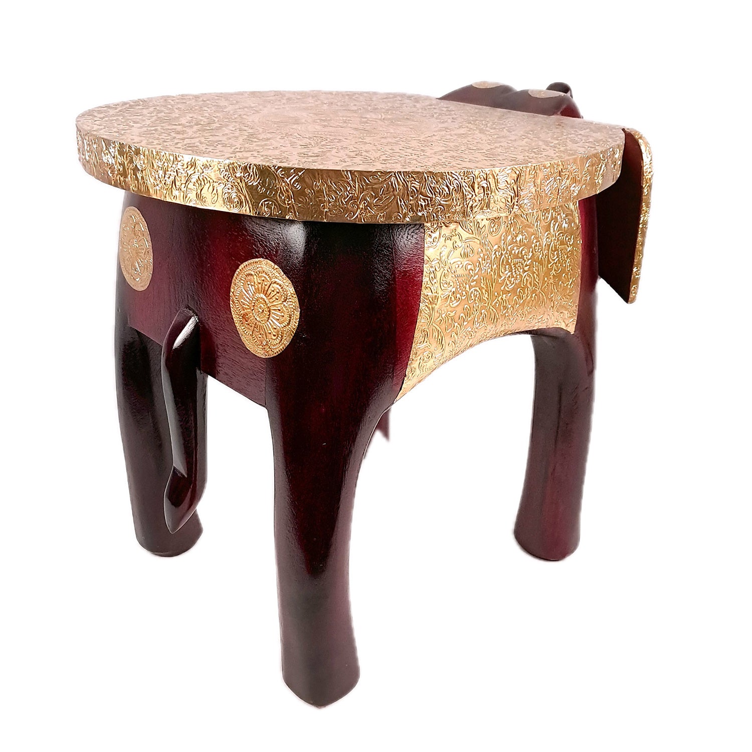 Elephant Stool | Side Table | Wood & Brass Rajasthani Hathi Stool- for Home Decor, Corners, Sofa Side Stool, Office & Gifts - 14 Inch - apkamart