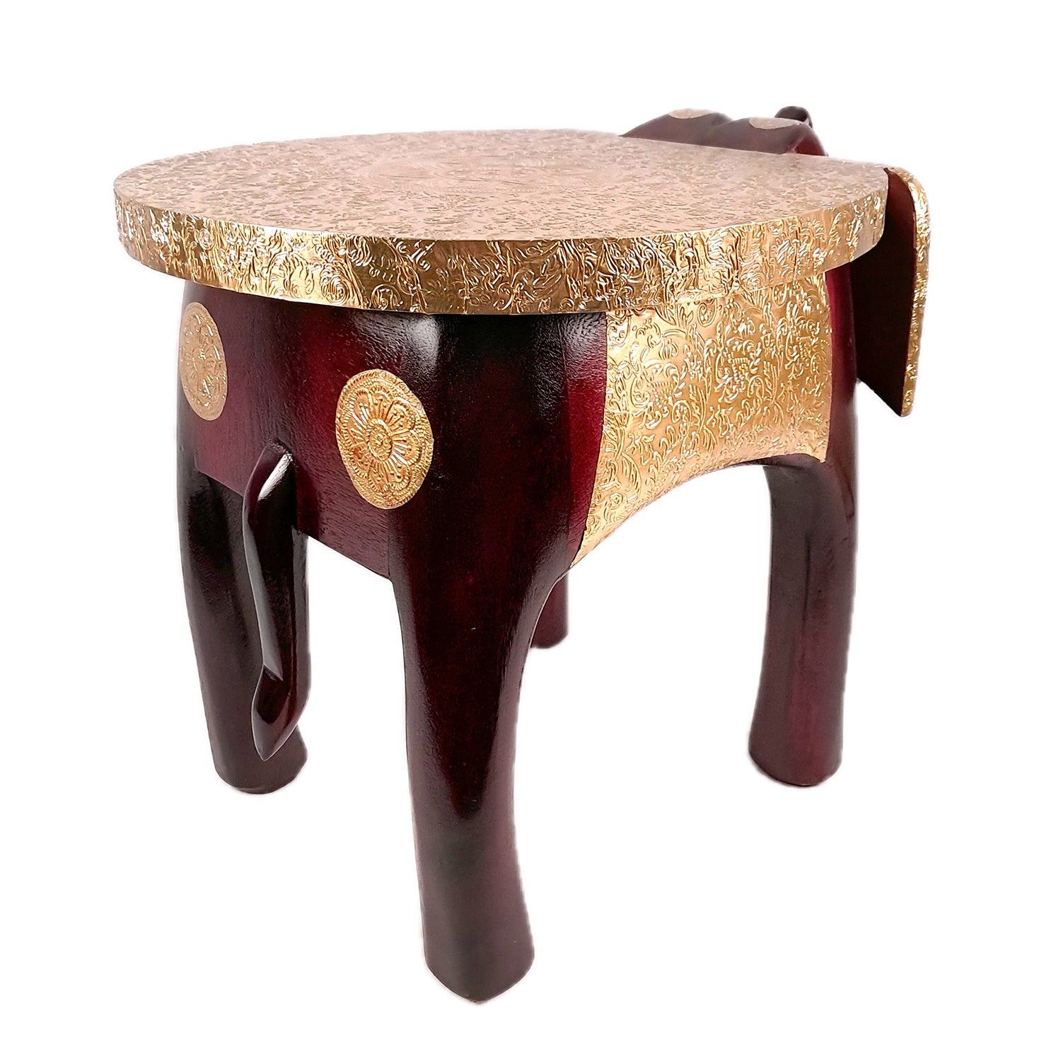 Elephant Stool | Side Table | Wood & Brass Rajasthani Hathi Stool- for Home Decor, Corners, Sofa Side Stool, Office & Gifts - 14 Inch - apkamart