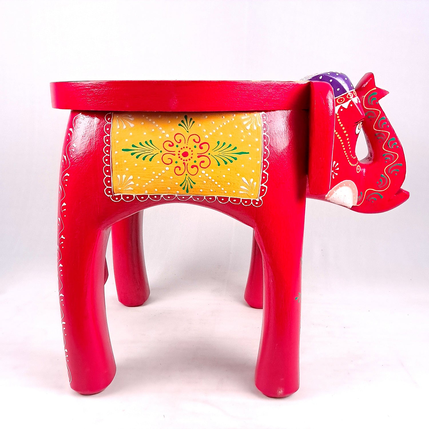 Wooden Elephant Stool | Side Table | Decorative Rajasthani Hand Painted Hathi Stool- for Home Decor, Corners, Sofa Side Stool, Office & Gifts - Apkamart #Color_Red