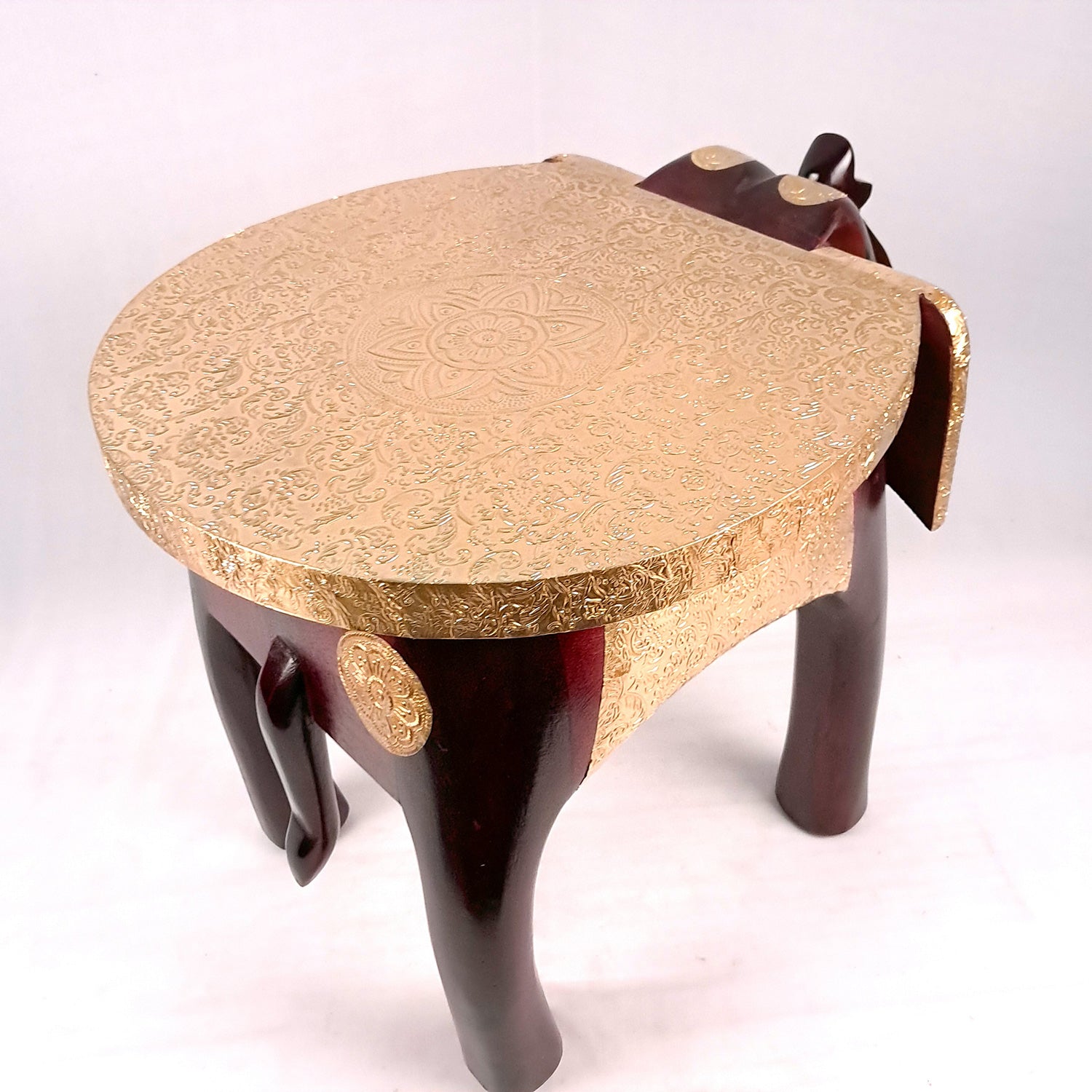 Elephant Stool | Side Table | Wood & Brass Rajasthani Hathi Stool- for Home Decor, Corners, Sofa Side Stool, Office & Gifts - 14 Inch - apkamart