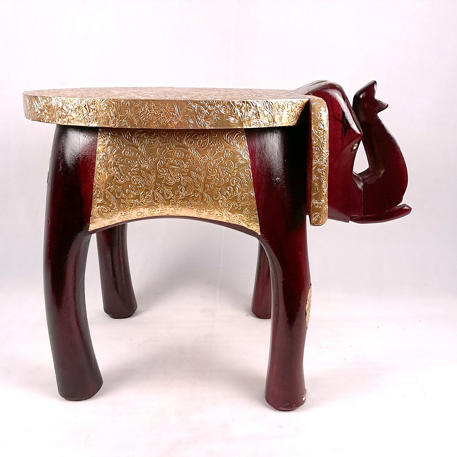 Elephant Stool | Side Table | Wood & Brass Rajasthani Hathi Stool- for Home Decor, Corners, Sofa Side Stool, Office & Gifts - 14 Inch - apkamart