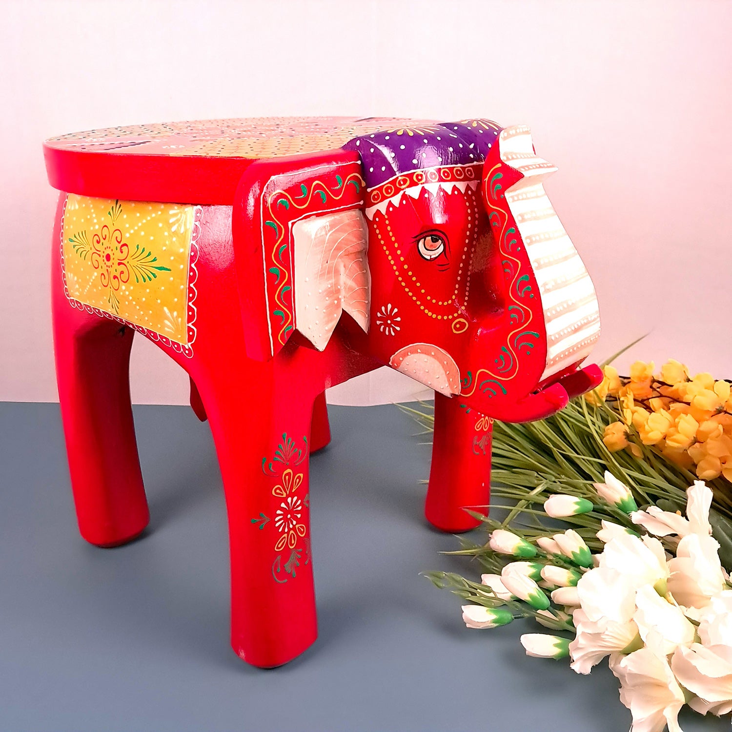 Wooden Elephant Stool | Side Table | Decorative Rajasthani Hand Painted Hathi Stool- for Home Decor, Corners, Sofa Side Stool, Office & Gifts - Apkamart #Color_Red