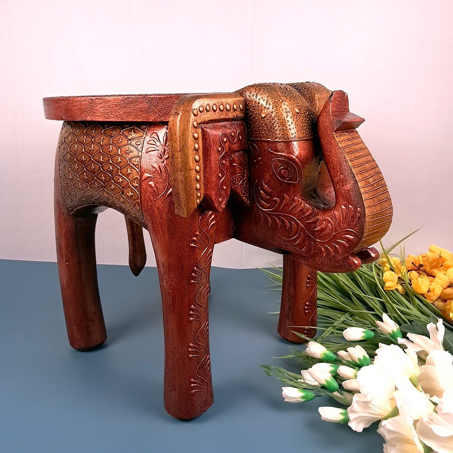 Wooden Elephant Stool | Side Table | Decorative Rajasthani Hand Painted Hathi Stool- for Home Decor, Corners, Sofa Side Stool, Office & Gifts - Apkamart #Color_Copper