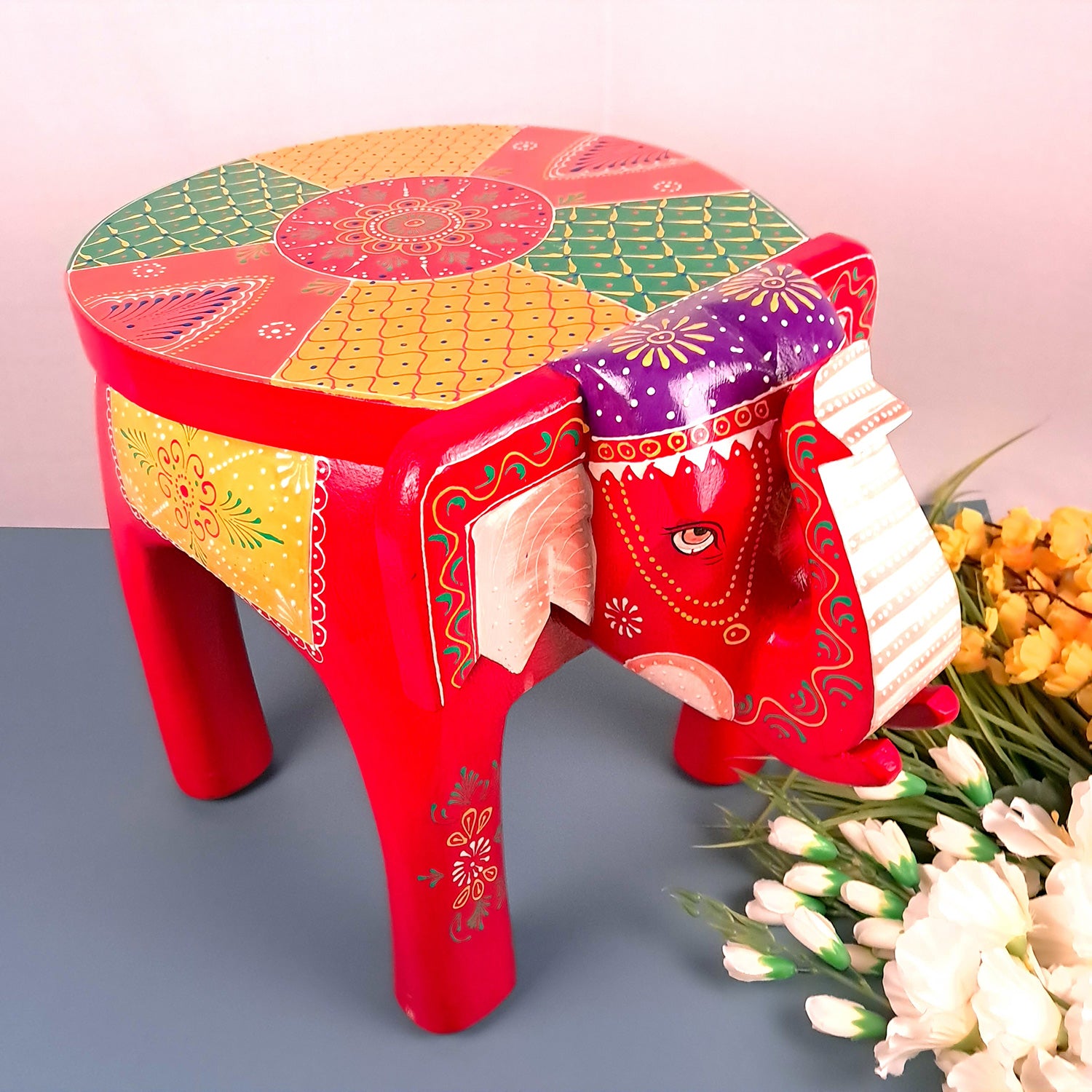 Wooden Elephant Stool | Side Table | Decorative Rajasthani Hand Painted Hathi Stool- for Home Decor, Corners, Sofa Side Stool, Office & Gifts - Apkamart #Color_Red