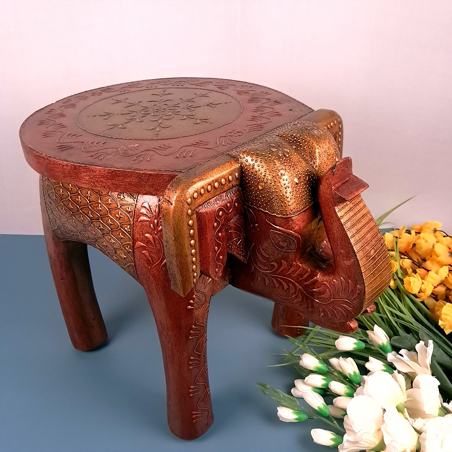 Wooden Elephant Stool | Side Table | Decorative Rajasthani Hand Painted Hathi Stool- for Home Decor, Corners, Sofa Side Stool, Office & Gifts - Apkamart #Color_Copper