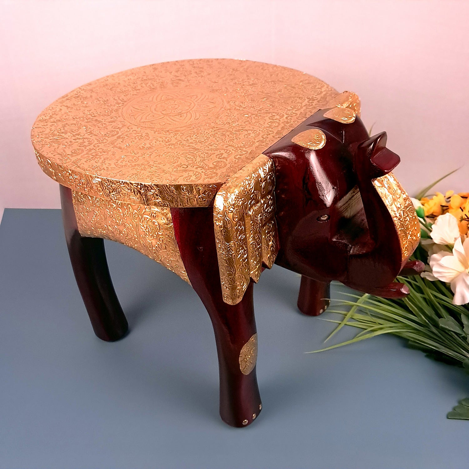 Elephant Stool | Side Table | Wood & Brass Rajasthani Hathi Stool- for Home Decor, Corners, Sofa Side Stool, Office & Gifts - 14 Inch - apkamart