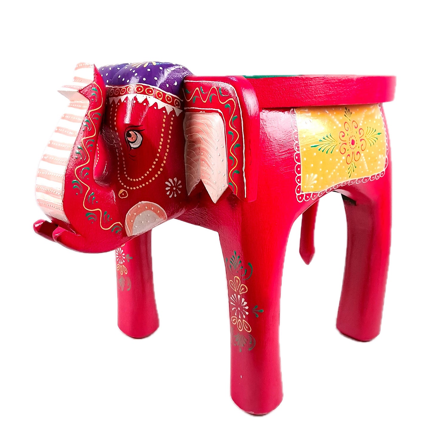 Wooden Elephant Stool | Side Table | Decorative Rajasthani Hand Painted Hathi Stool- for Home Decor, Corners, Sofa Side Stool, Office & Gifts - Apkamart #Color_Red