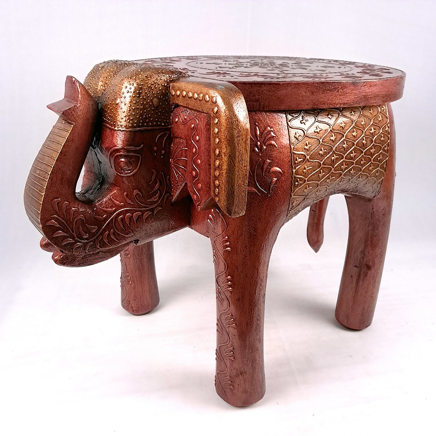 Wooden Elephant Stool | Side Table | Decorative Rajasthani Hand Painted Hathi Stool- for Home Decor, Corners, Sofa Side Stool, Office & Gifts - Apkamart #Color_Copper