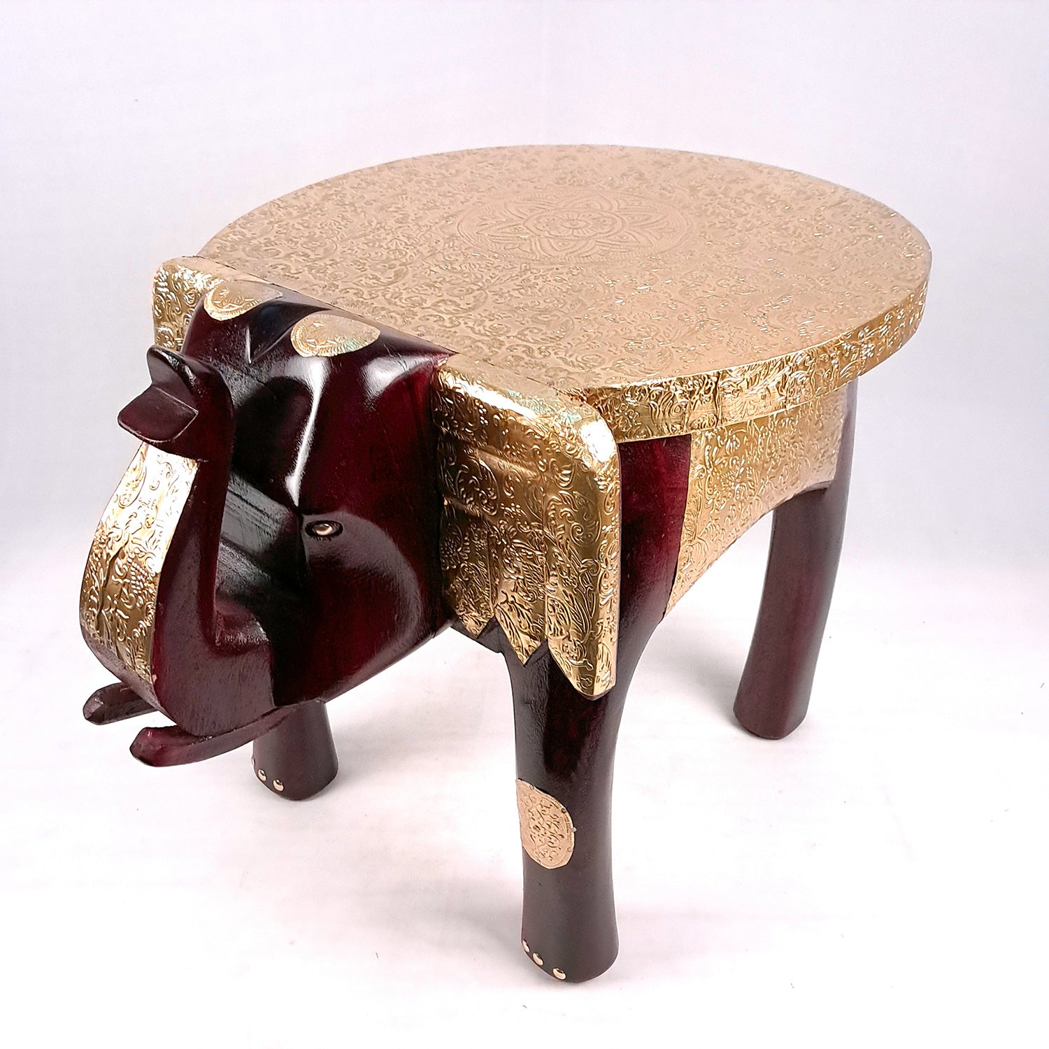 Elephant Stool | Side Table | Wood & Brass Rajasthani Hathi Stool- for Home Decor, Corners, Sofa Side Stool, Office & Gifts - 14 Inch - apkamart