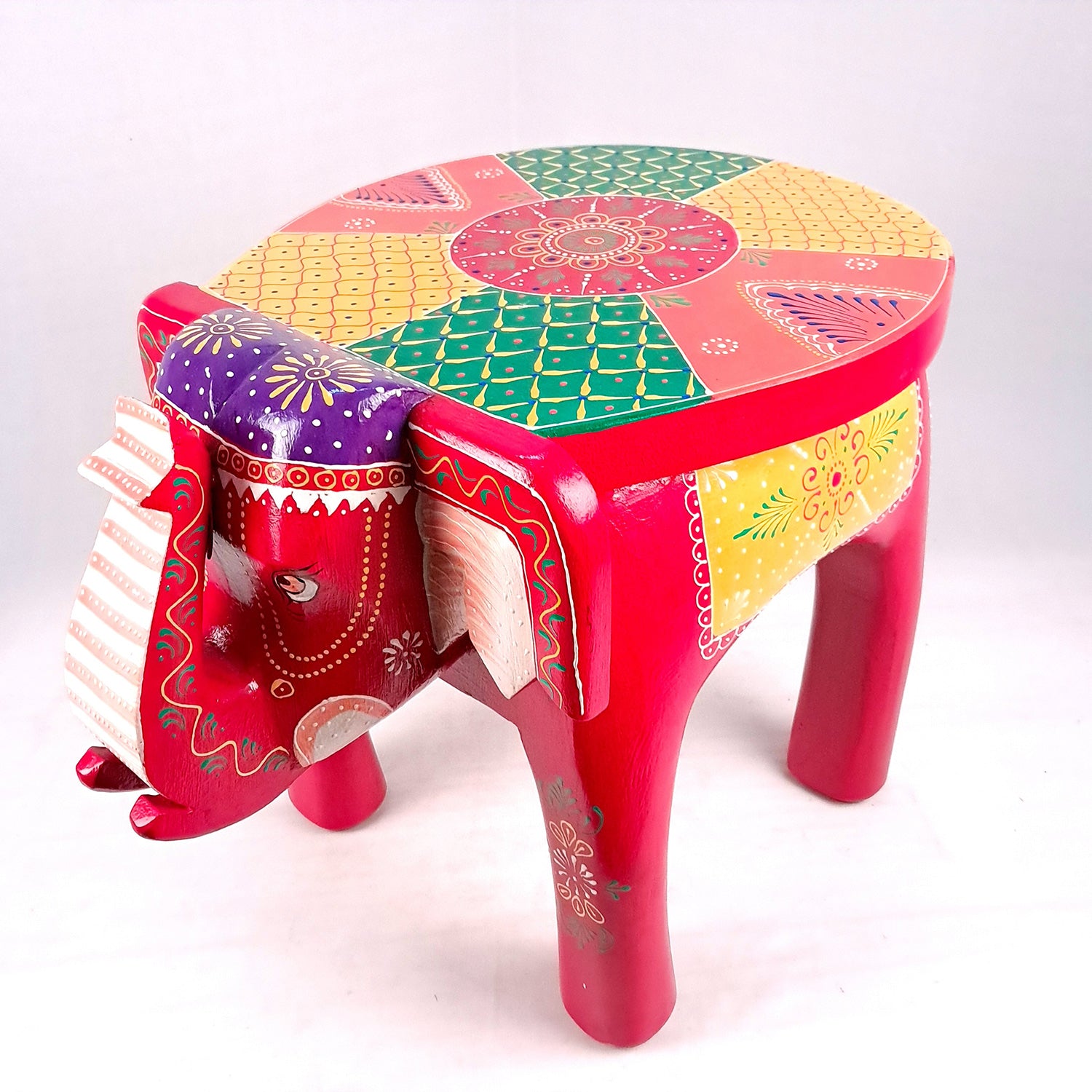 Wooden Elephant Stool | Side Table | Decorative Rajasthani Hand Painted Hathi Stool- for Home Decor, Corners, Sofa Side Stool, Office & Gifts - Apkamart #Color_Red