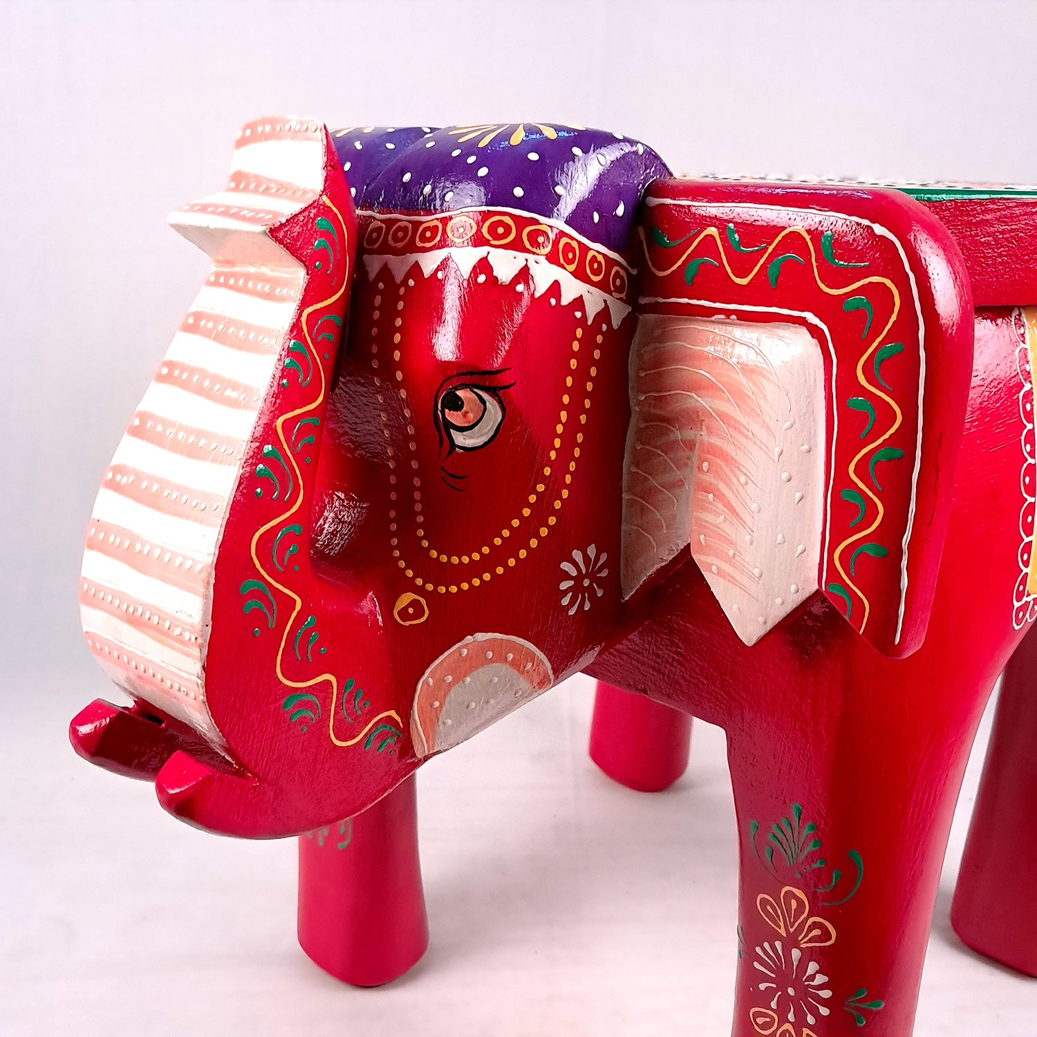 Wooden Elephant Stool | Side Table | Decorative Rajasthani Hand Painted Hathi Stool- for Home Decor, Corners, Sofa Side Stool, Office & Gifts - Apkamart #Color_Red