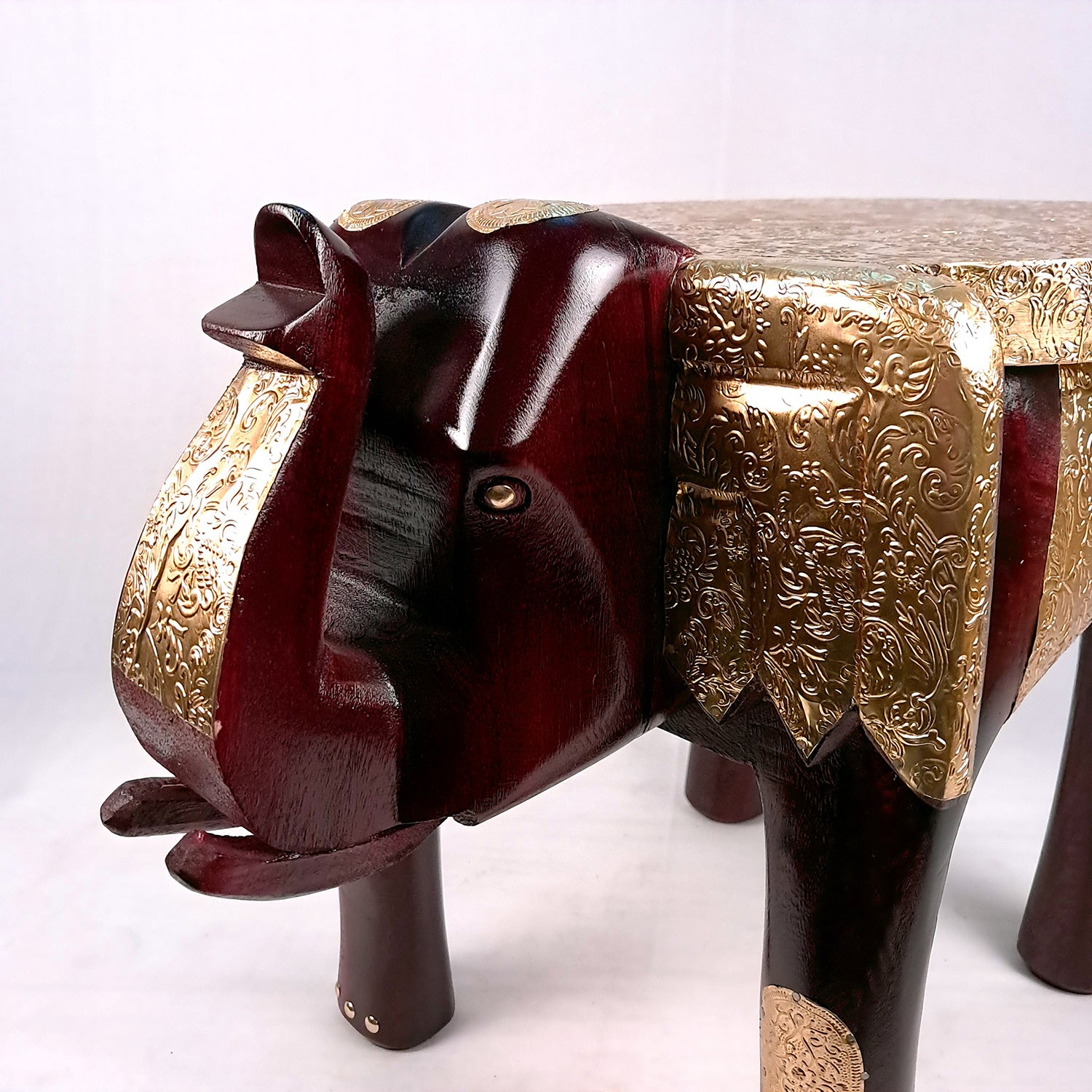 Elephant Stool | Side Table | Wood & Brass Rajasthani Hathi Stool- for Home Decor, Corners, Sofa Side Stool, Office & Gifts - 14 Inch - apkamart