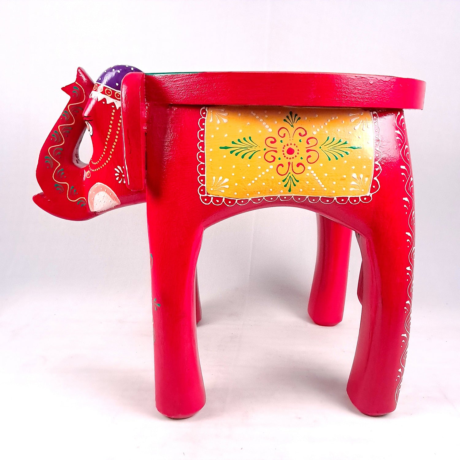 Wooden Elephant Stool | Side Table | Decorative Rajasthani Hand Painted Hathi Stool- for Home Decor, Corners, Sofa Side Stool, Office & Gifts - Apkamart #Color_Red