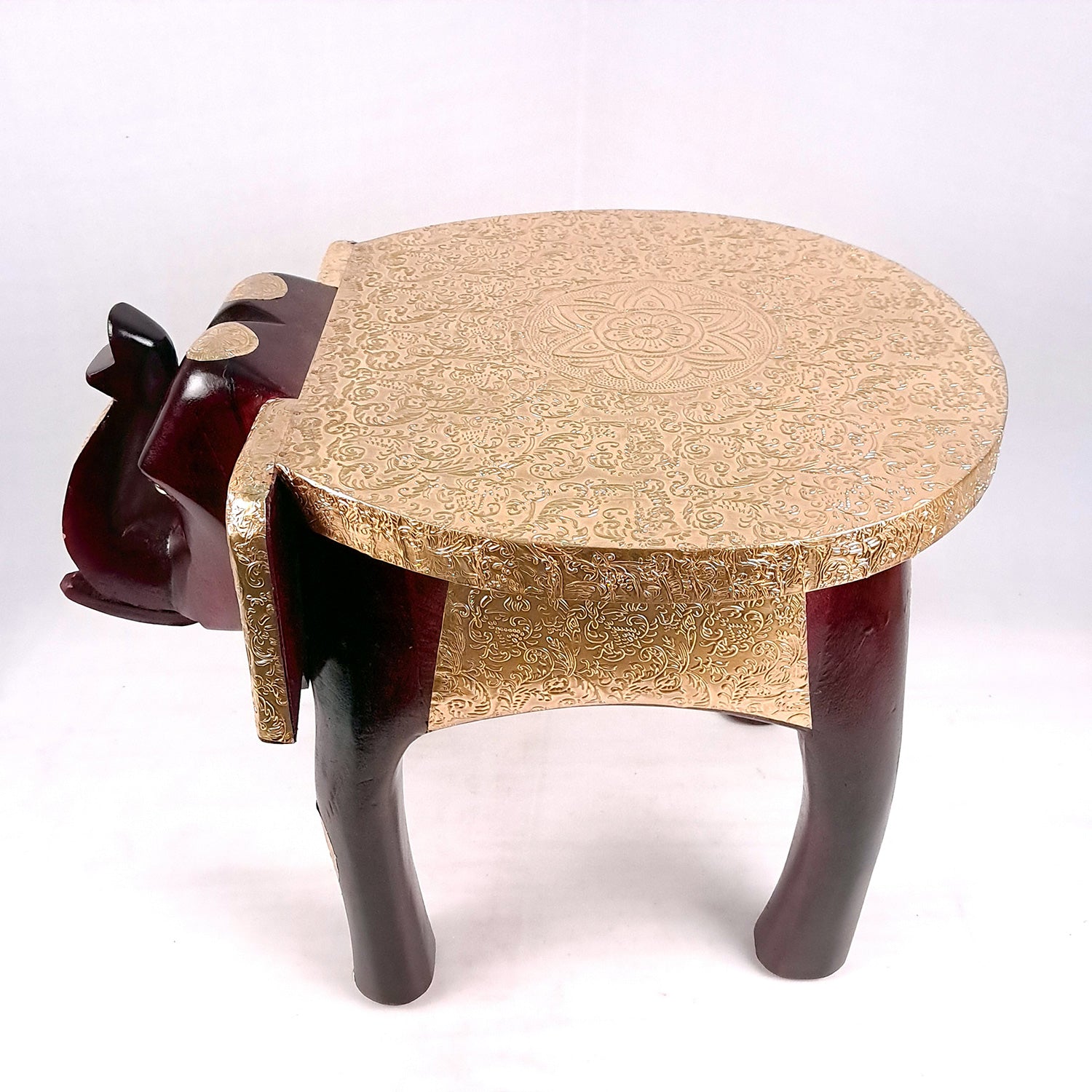 Elephant Stool | Side Table | Wood & Brass Rajasthani Hathi Stool- for Home Decor, Corners, Sofa Side Stool, Office & Gifts - 14 Inch - apkamart