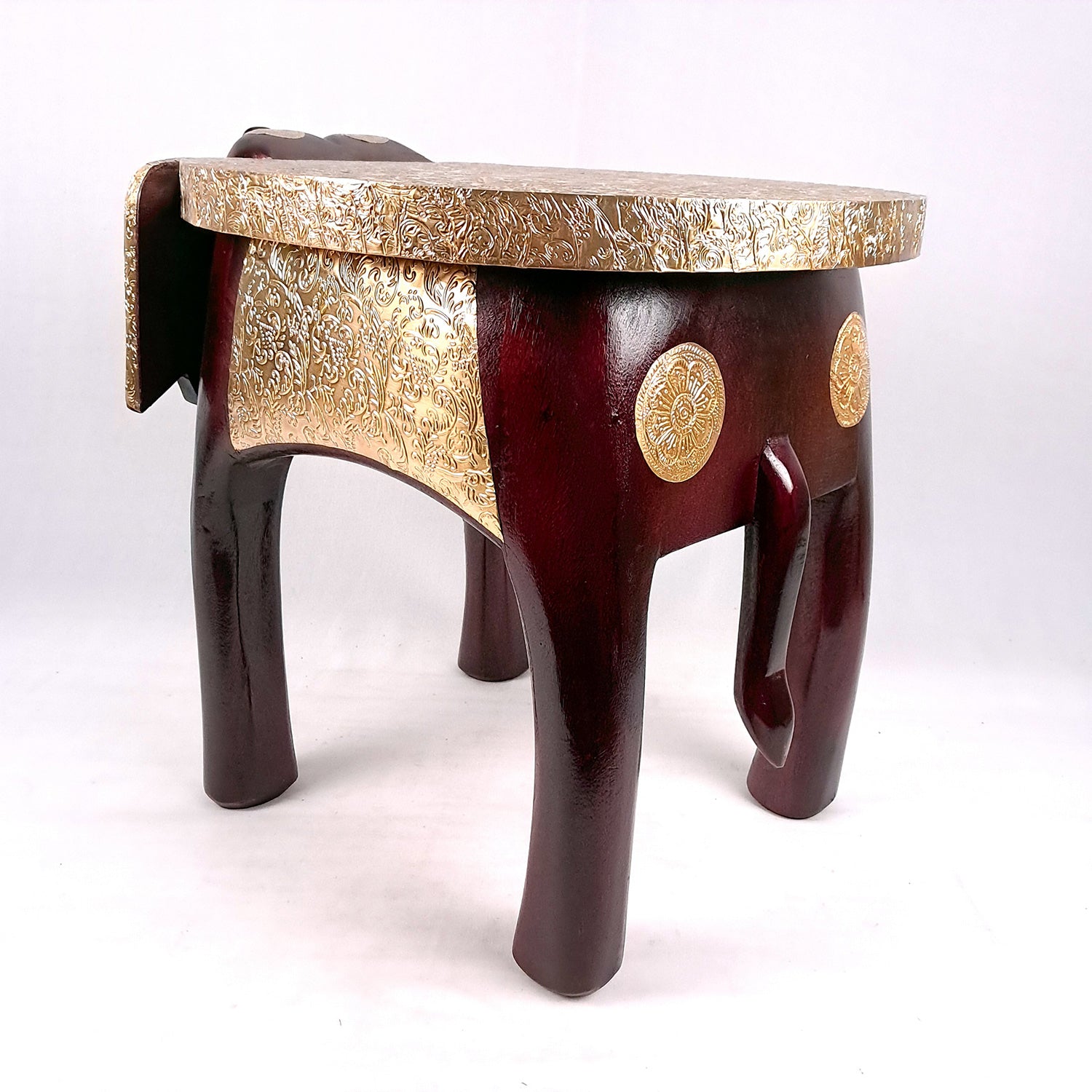 Elephant Stool | Side Table | Wood & Brass Rajasthani Hathi Stool- for Home Decor, Corners, Sofa Side Stool, Office & Gifts - 14 Inch - apkamart