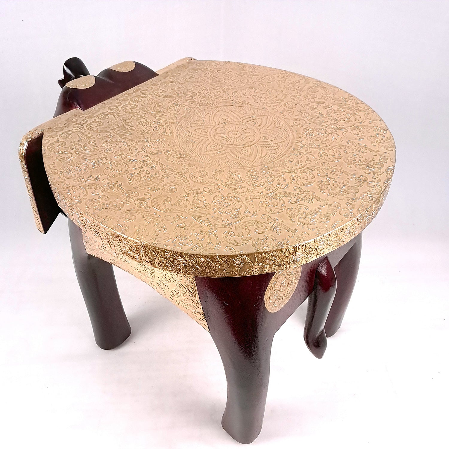 Elephant Stool | Side Table | Wood & Brass Rajasthani Hathi Stool- for Home Decor, Corners, Sofa Side Stool, Office & Gifts - 14 Inch - apkamart