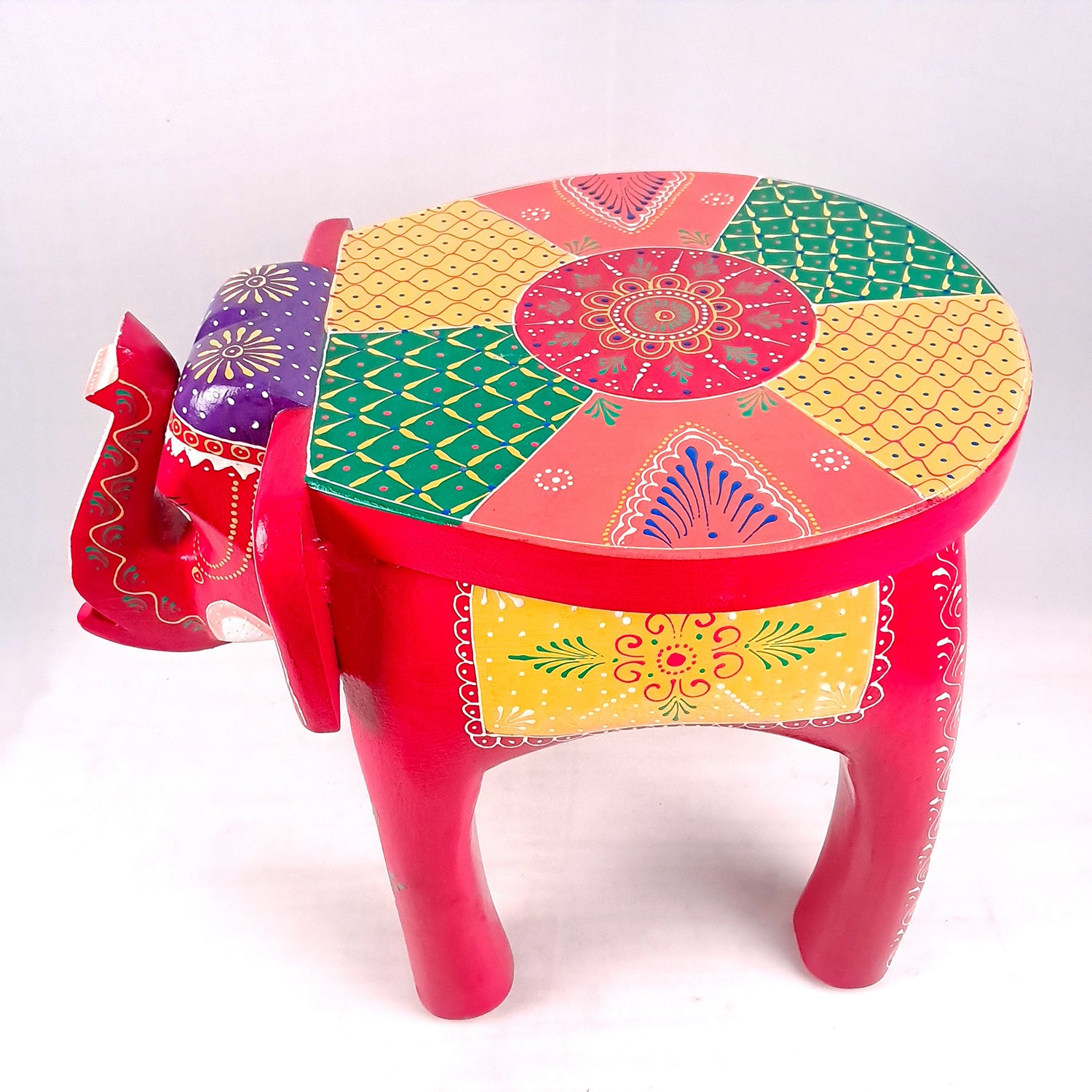 Wooden Elephant Stool | Side Table | Decorative Rajasthani Hand Painted Hathi Stool- for Home Decor, Corners, Sofa Side Stool, Office & Gifts - Apkamart #Color_Red