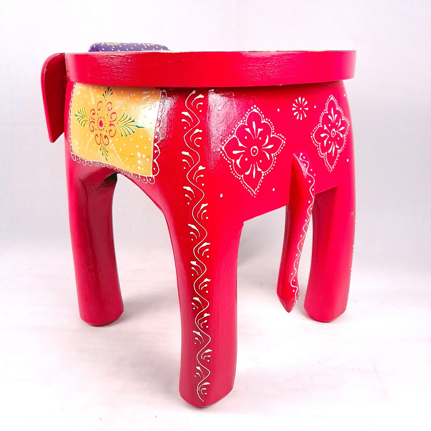 Wooden Elephant Stool | Side Table | Decorative Rajasthani Hand Painted Hathi Stool- for Home Decor, Corners, Sofa Side Stool, Office & Gifts - Apkamart #Color_Red