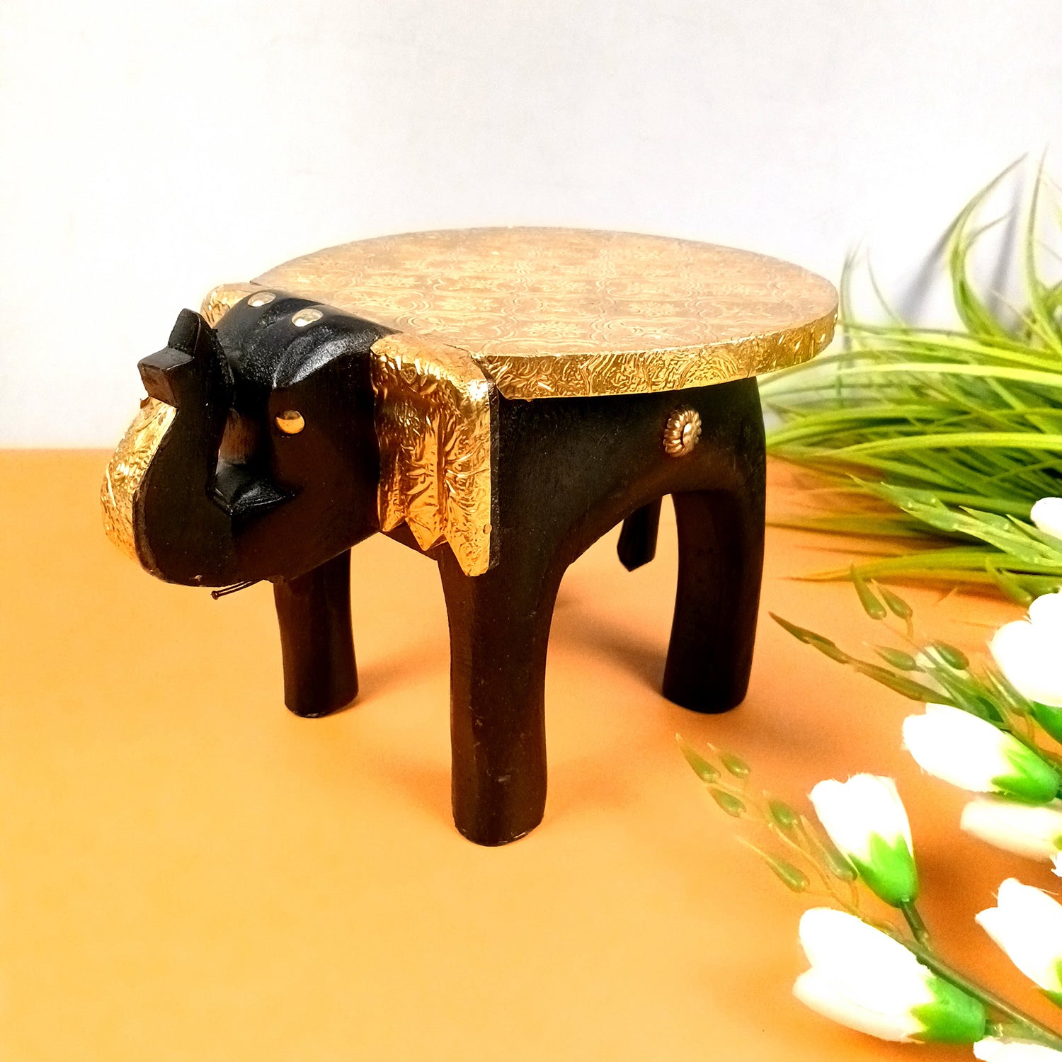 Elephant Showpiece - Stool Design | Brass Elephant Table Showpiece - for Placing Small Pots & Tea Lights - for Home, Living Room Decor & Gifts - apkamart