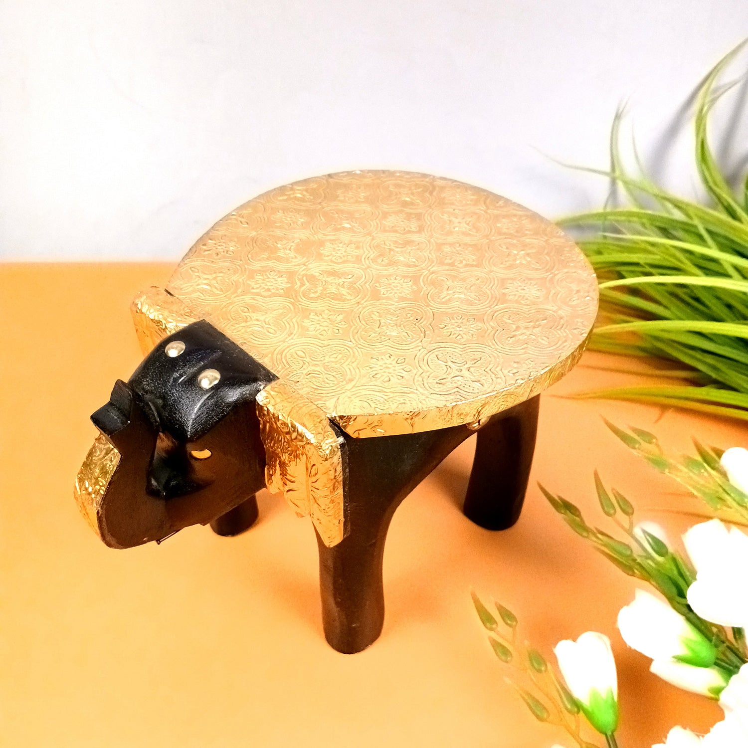 Elephant Showpiece - Stool Design | Brass Elephant Table Showpiece - for Placing Small Pots & Tea Lights - for Home, Living Room Decor & Gifts - apkamart