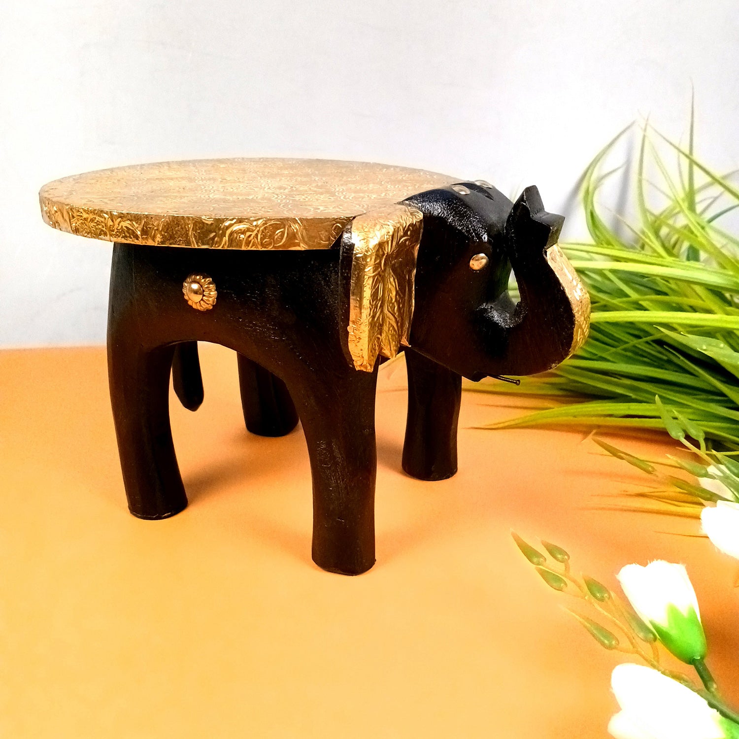 Elephant Showpiece - Stool Design | Brass Elephant Table Showpiece - for Placing Small Pots & Tea Lights - for Home, Living Room Decor & Gifts - apkamart