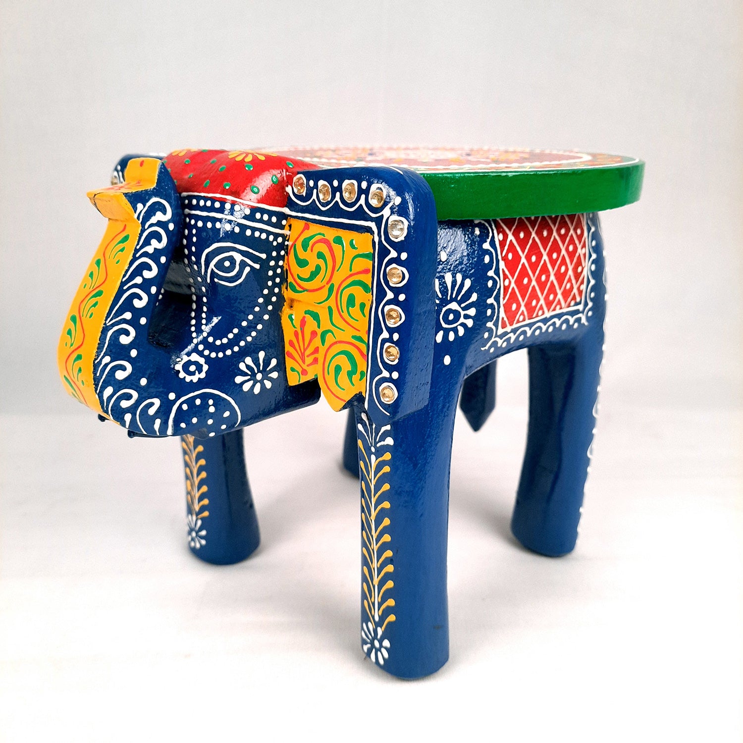 Elephant Table Showpiece | Animal Figurines - For Home, Living Room Decor & Gifts | Small Wood Stool - For Placing Small Pots & Showpieces - 8 Inch - apkamart #Color_Dark Blue