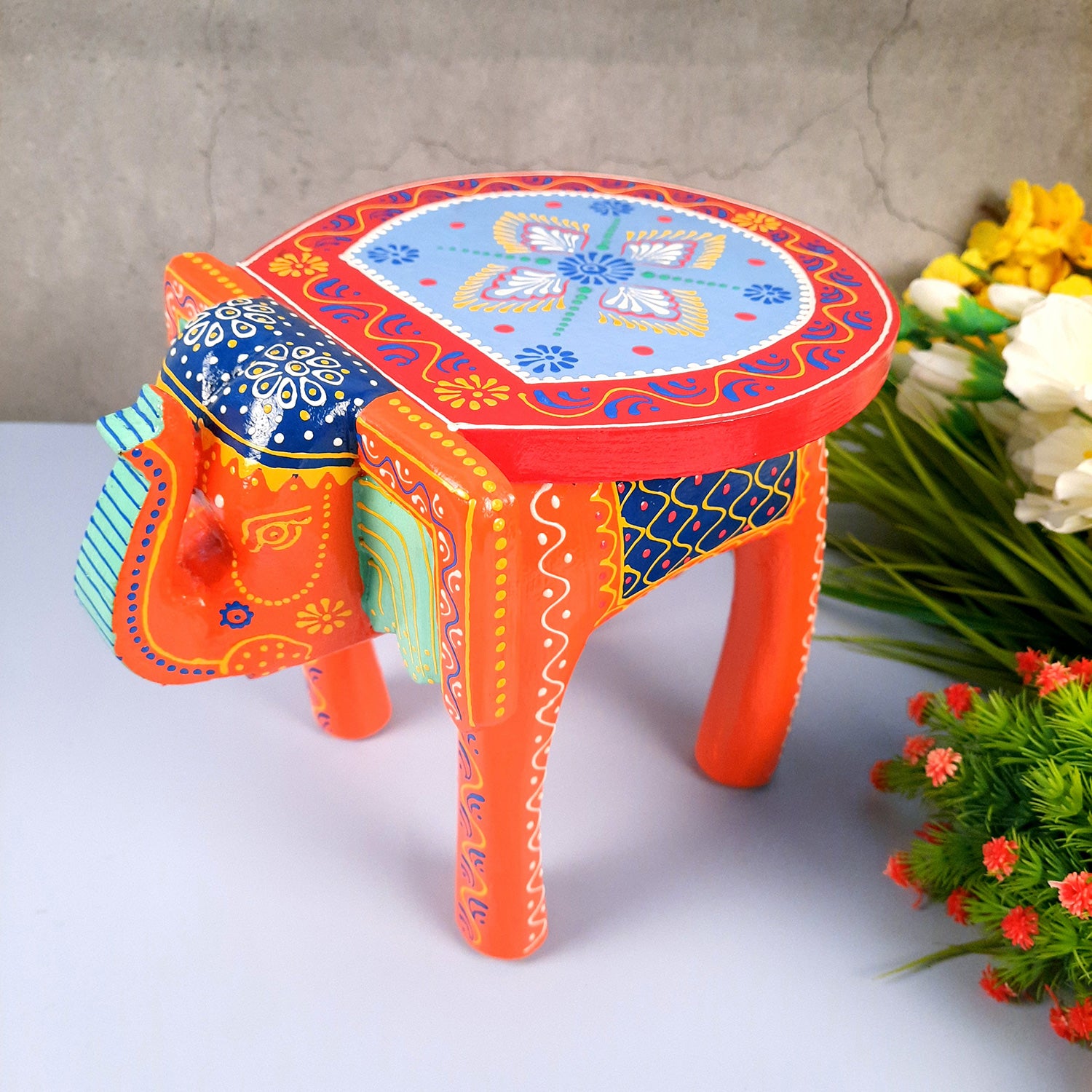 Elephant Table Showpiece | Animal Figurines - For Home, Living Room Decor & Gifts | Small Wood Stool - For Placing Small Pots & Showpieces - 8 Inch - apkamart #Color_Orange