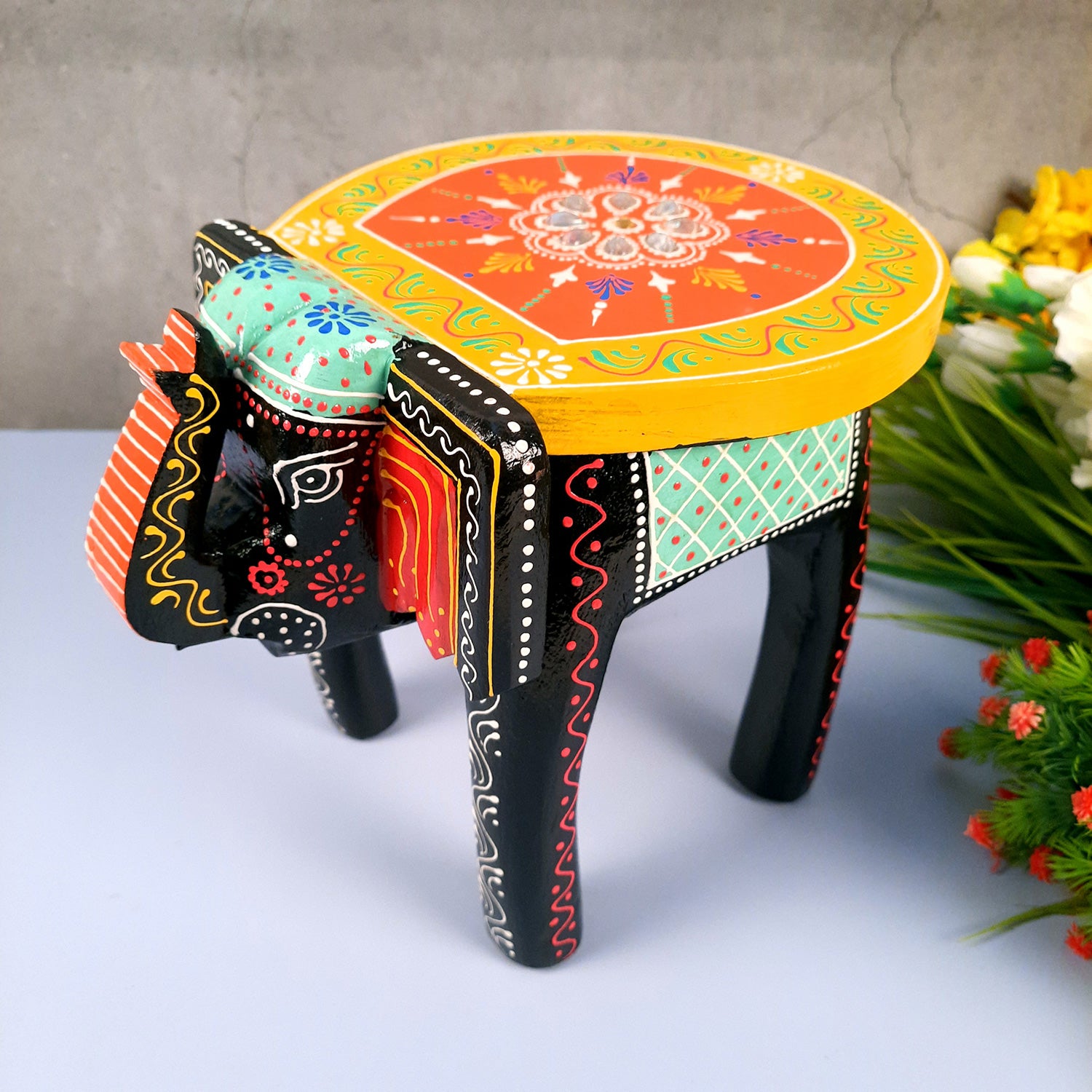 Elephant Table Showpiece | Animal Figurines - For Home, Living Room Decor & Gifts | Small Wood Stool - For Placing Small Pots & Showpieces - 8 Inch - apkamart #Color_Black