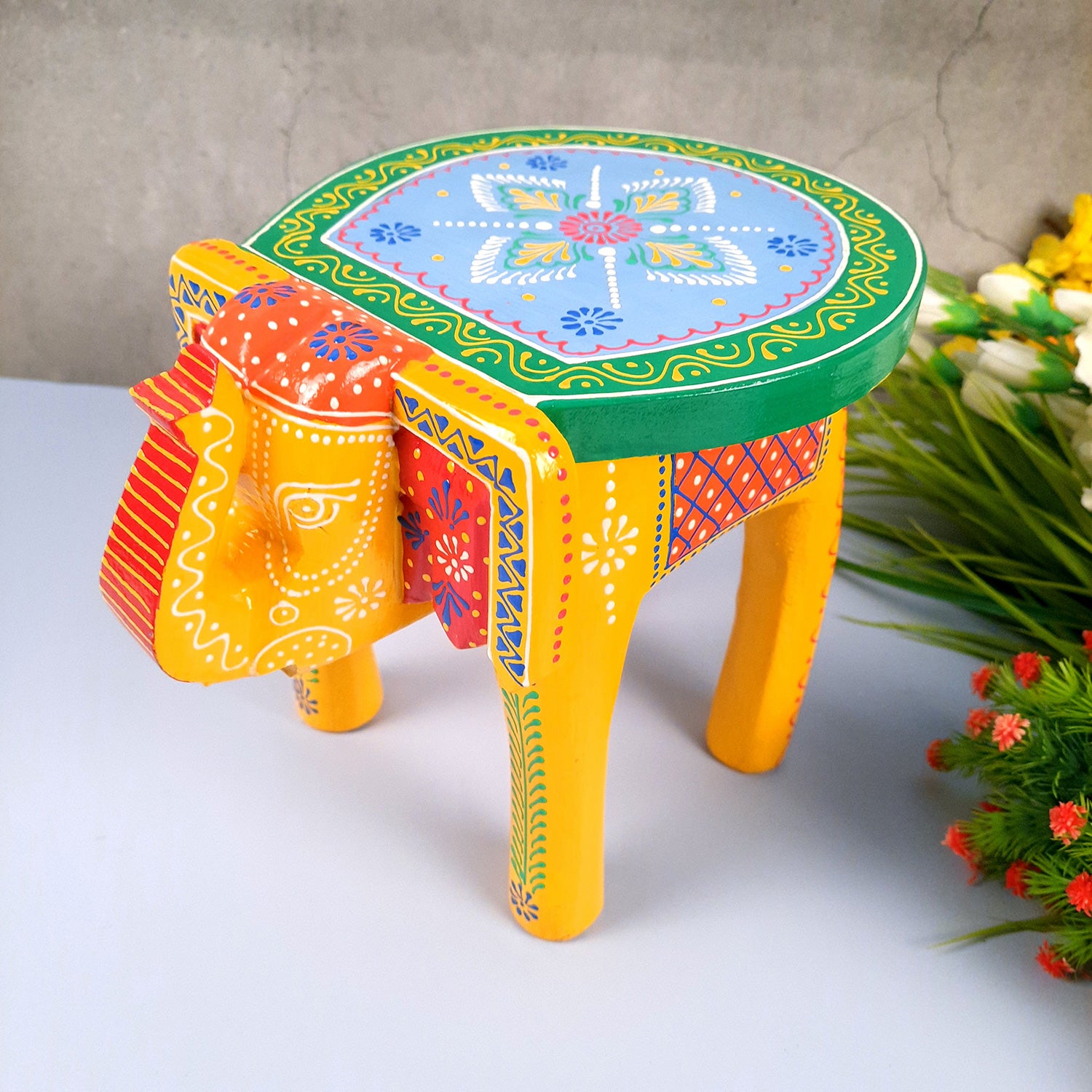 Elephant Table Showpiece | Animal Figurines - For Home, Living Room Decor & Gifts | Small Wood Stool - For Placing Small Pots & Showpieces - 8 Inch - apkamart #Color_Yellow