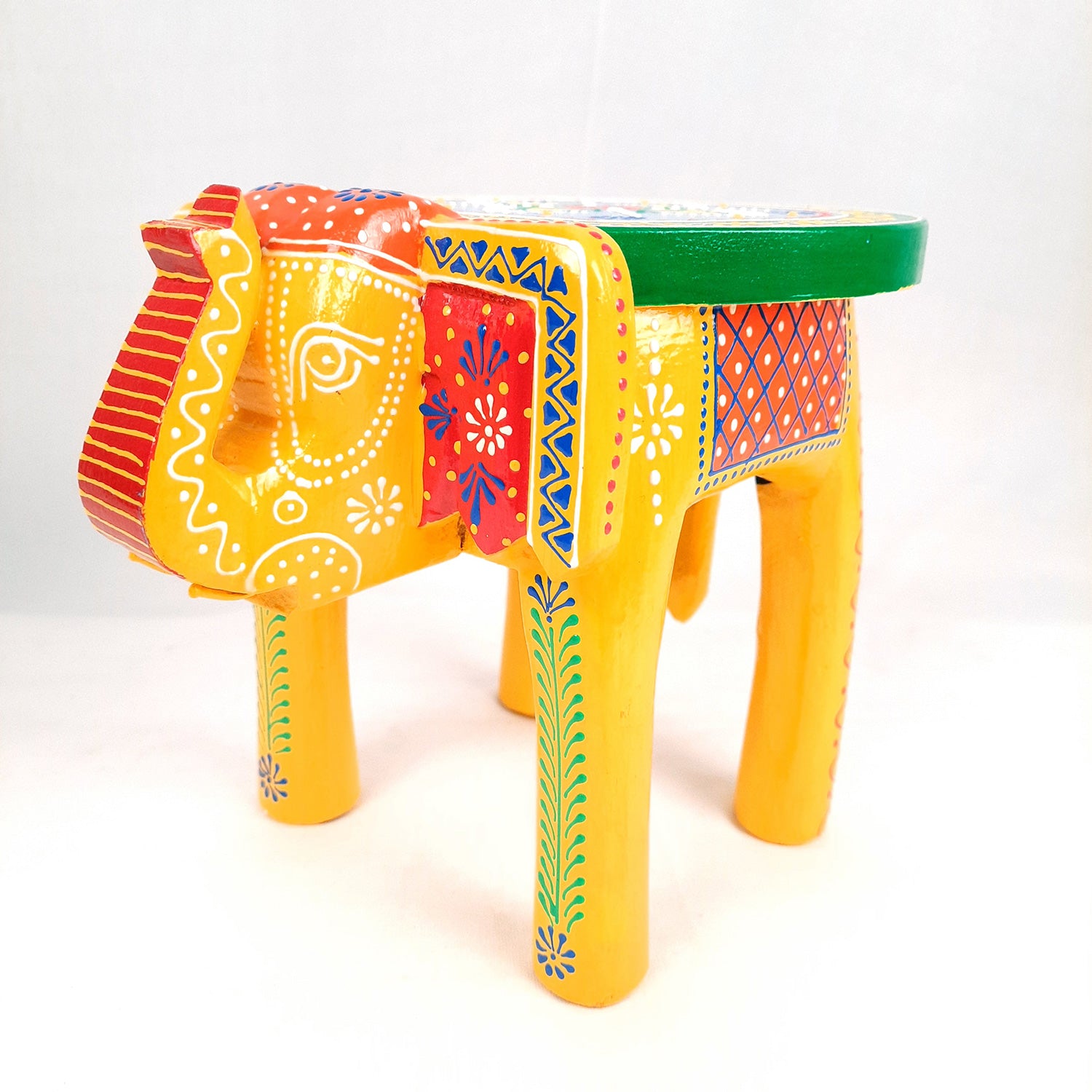 Elephant Table Showpiece | Animal Figurines - For Home, Living Room Decor & Gifts | Small Wood Stool - For Placing Small Pots & Showpieces - 8 Inch - apkamart #Color_Yellow