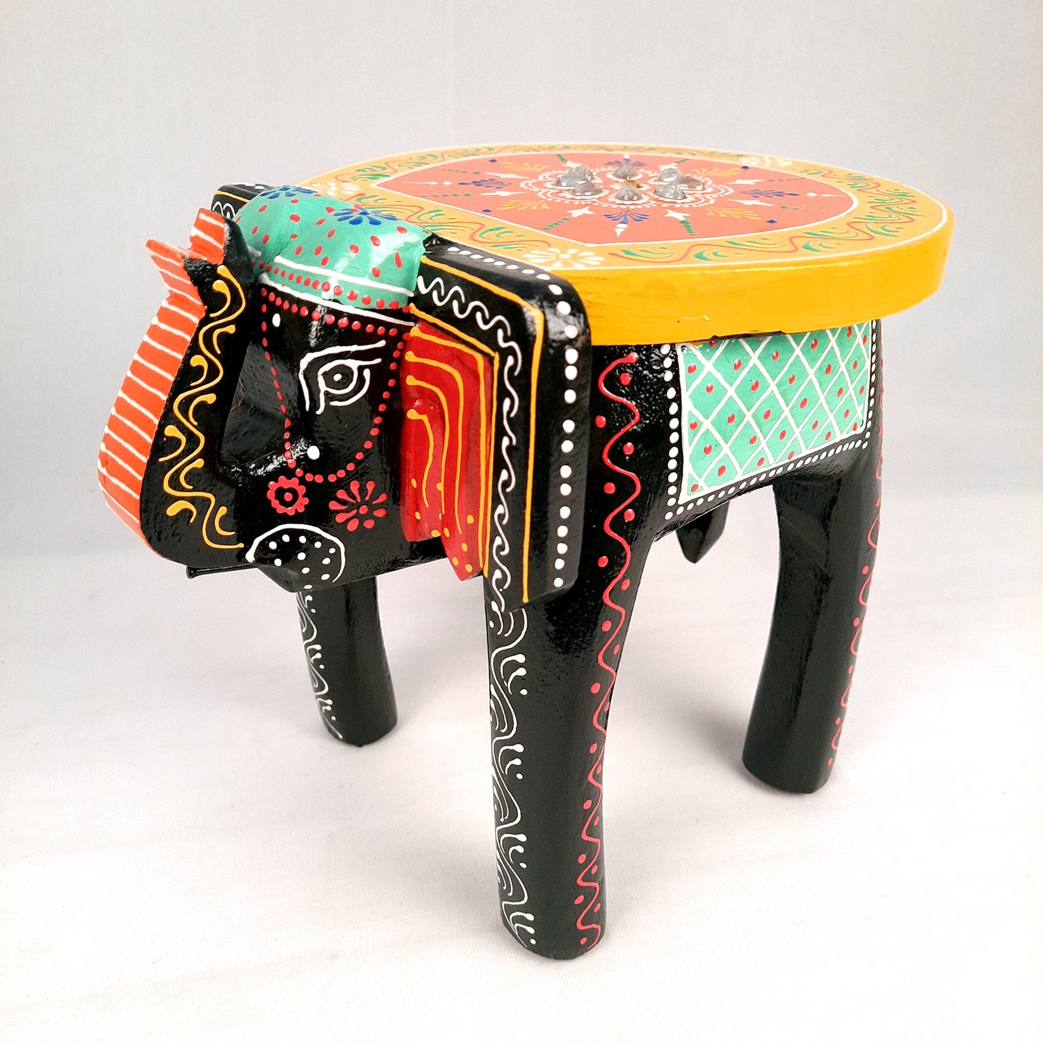 Elephant Table Showpiece | Animal Figurines - For Home, Living Room Decor & Gifts | Small Wood Stool - For Placing Small Pots & Showpieces - 8 Inch - apkamart #Color_Black