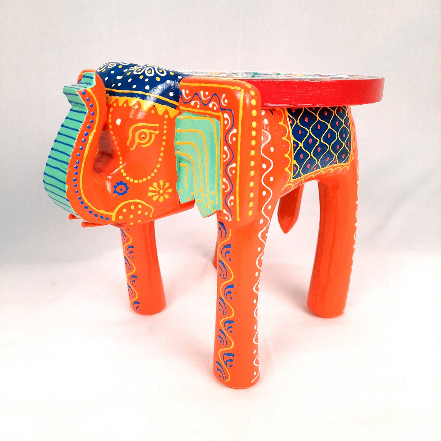 Elephant Table Showpiece | Animal Figurines - For Home, Living Room Decor & Gifts | Small Wood Stool - For Placing Small Pots & Showpieces - 8 Inch - apkamart #Color_Orange