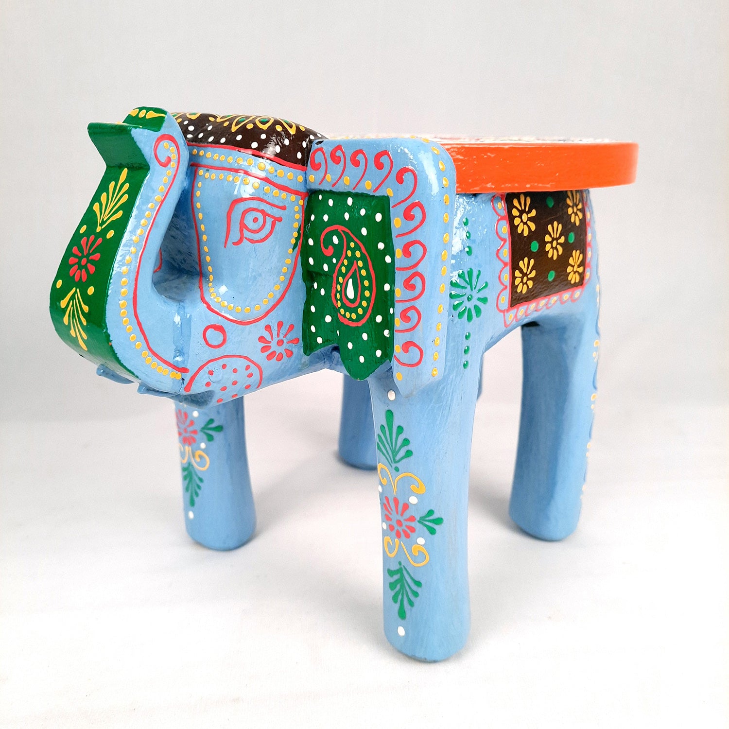 Elephant Table Showpiece | Animal Figurines - For Home, Living Room Decor & Gifts | Small Wood Stool - For Placing Small Pots & Showpieces - 8 Inch - apkamart #Color_Light Blue