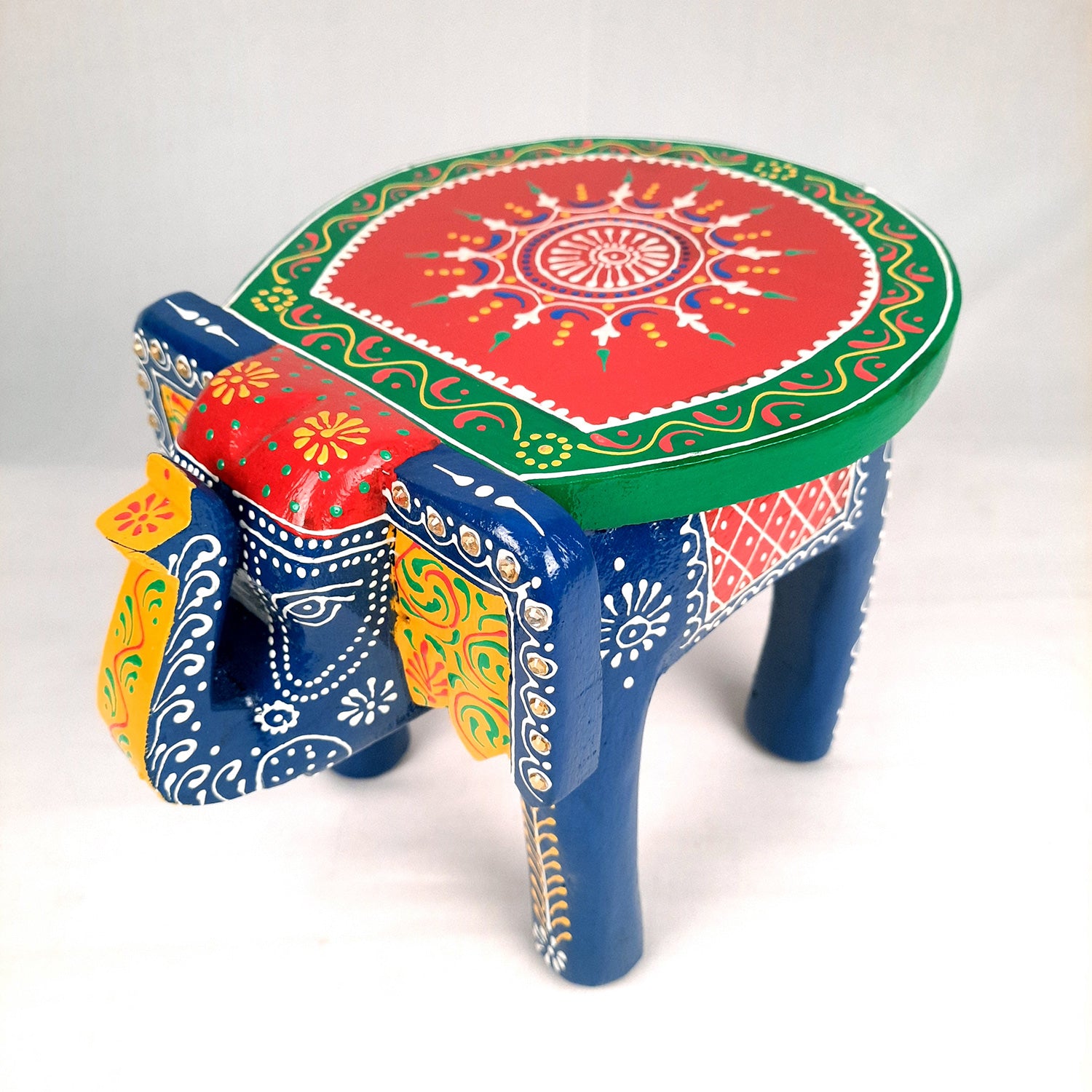 Elephant Table Showpiece | Animal Figurines - For Home, Living Room Decor & Gifts | Small Wood Stool - For Placing Small Pots & Showpieces - 8 Inch - apkamart #Color_Dark Blue