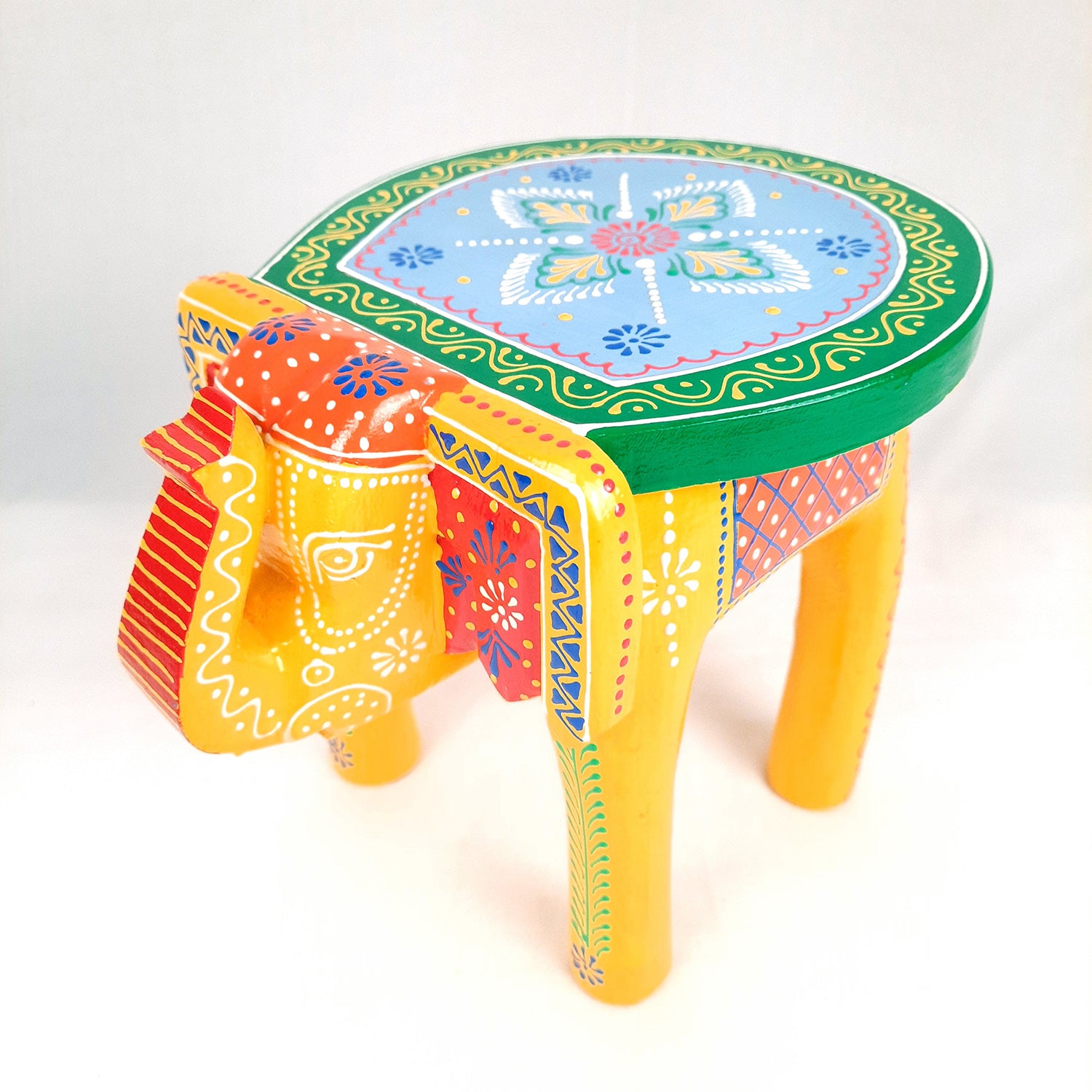 Elephant Table Showpiece | Animal Figurines - For Home, Living Room Decor & Gifts | Small Wood Stool - For Placing Small Pots & Showpieces - 8 Inch - apkamart #Color_Yellow