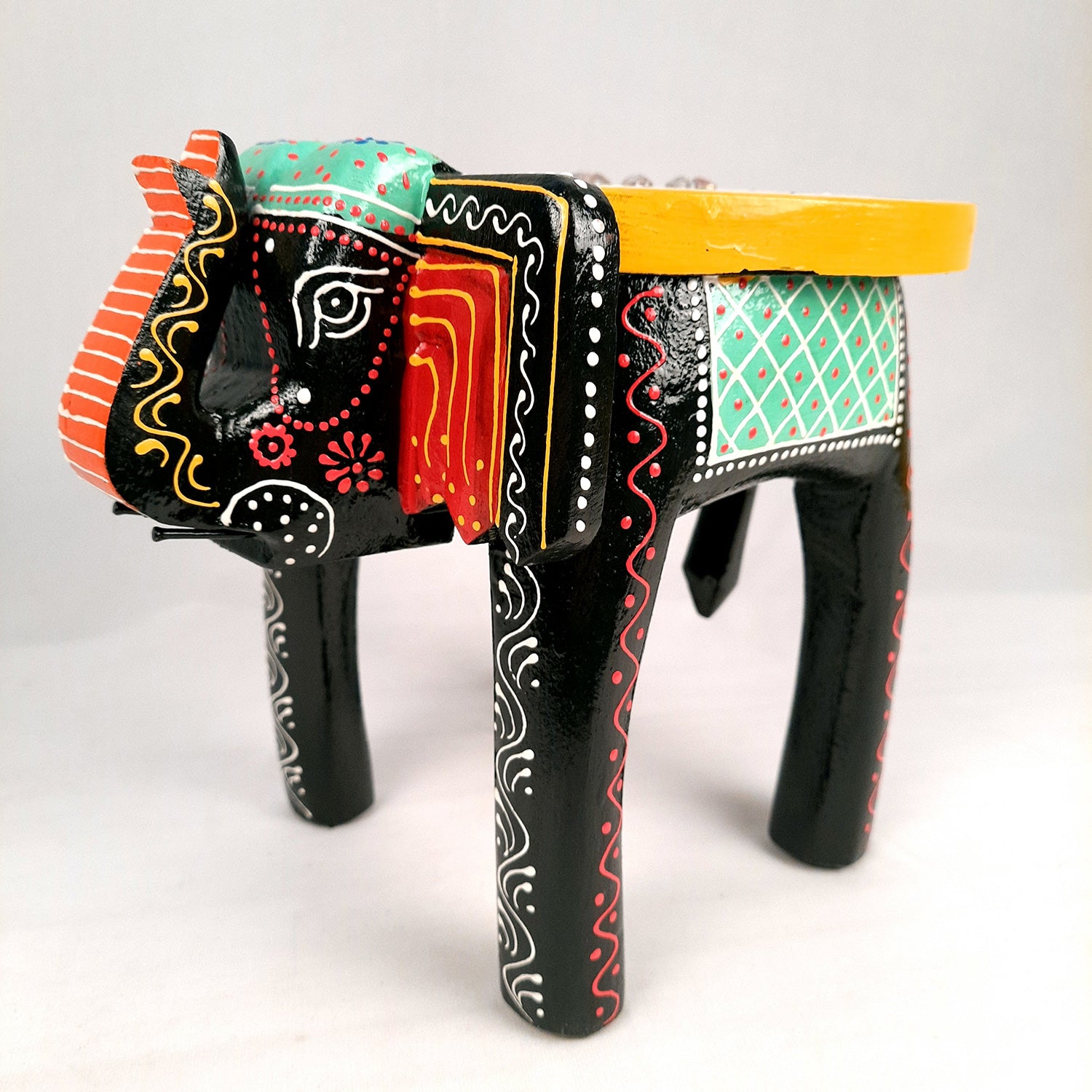 Elephant Table Showpiece | Animal Figurines - For Home, Living Room Decor & Gifts | Small Wood Stool - For Placing Small Pots & Showpieces - 8 Inch - apkamart #Color_Black