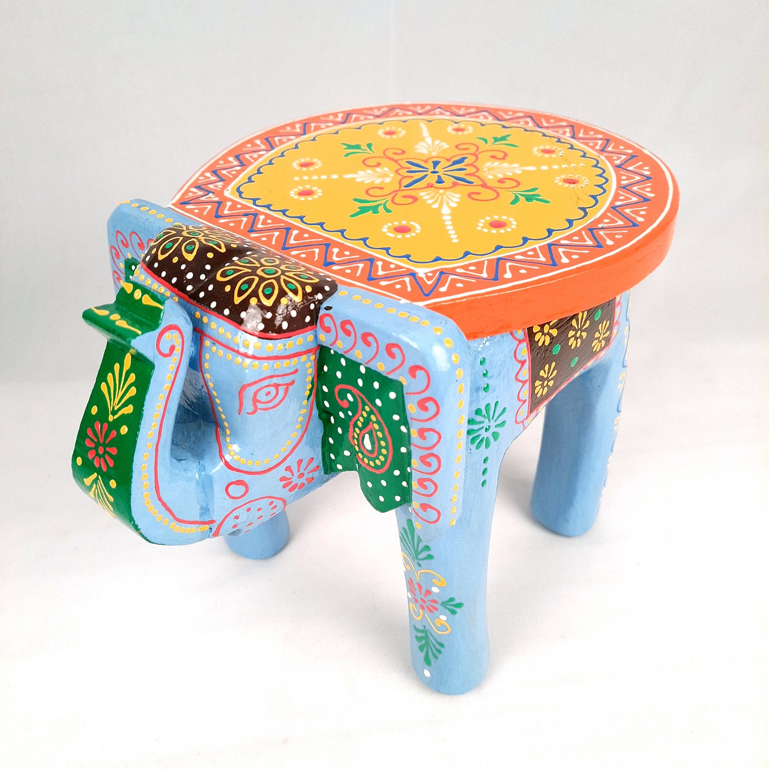 Elephant Table Showpiece | Animal Figurines - For Home, Living Room Decor & Gifts | Small Wood Stool - For Placing Small Pots & Showpieces - 8 Inch - apkamart #Color_Light Blue