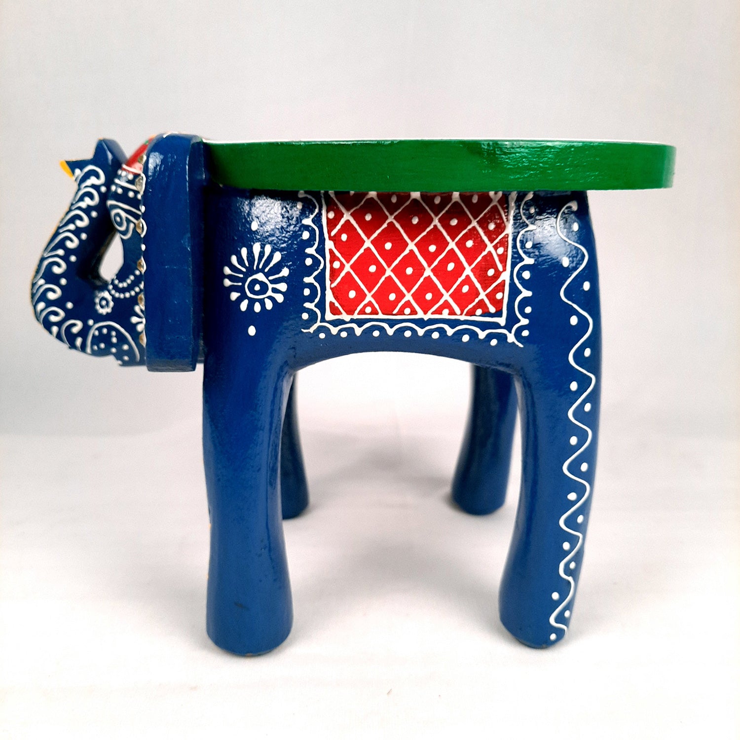 Elephant Table Showpiece | Animal Figurines - For Home, Living Room Decor & Gifts | Small Wood Stool - For Placing Small Pots & Showpieces - 8 Inch - apkamart #Color_Dark Blue